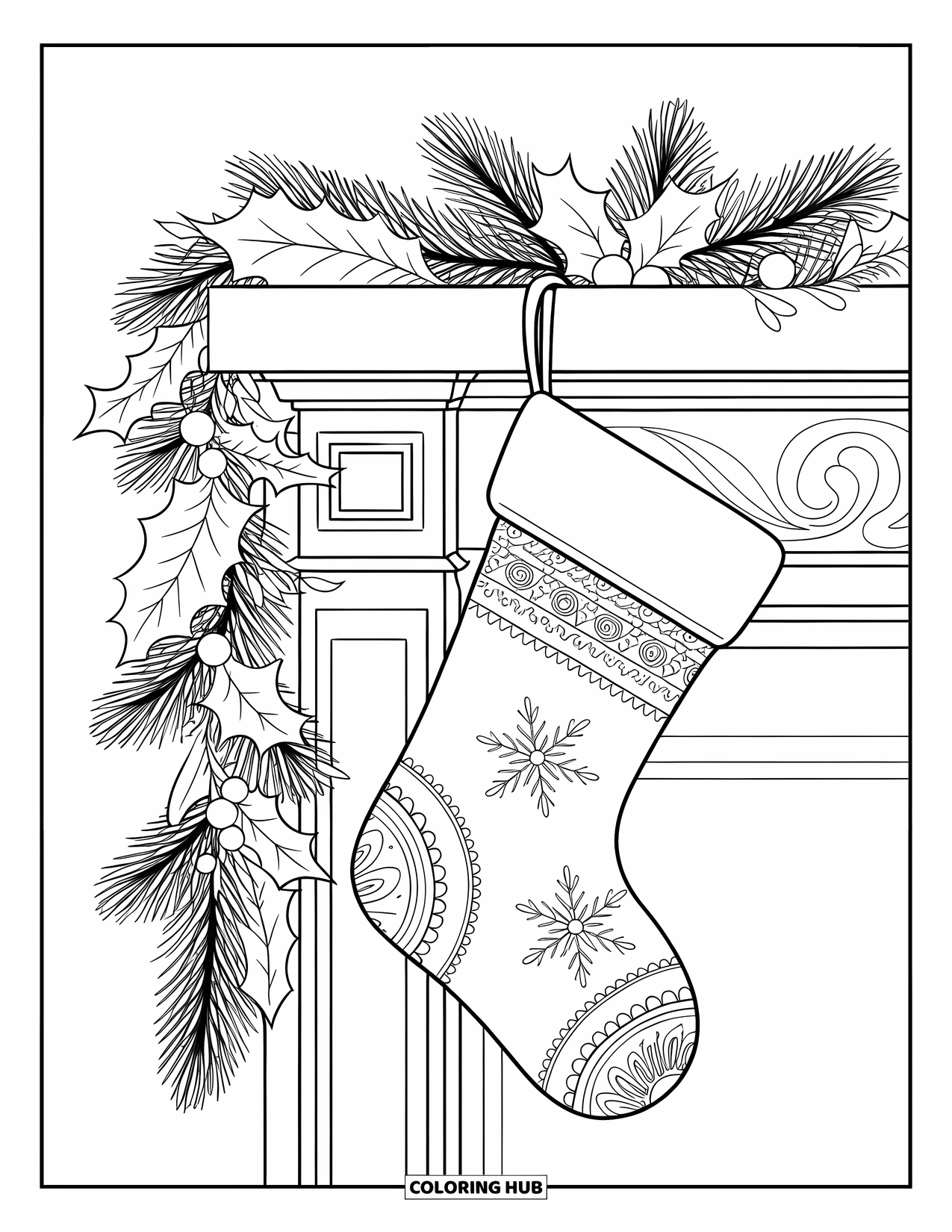 Winter Coloring Page for Adults: An ornate Christmas stocking filled with holly and trinkets, hanging from a decorated wooden mantle