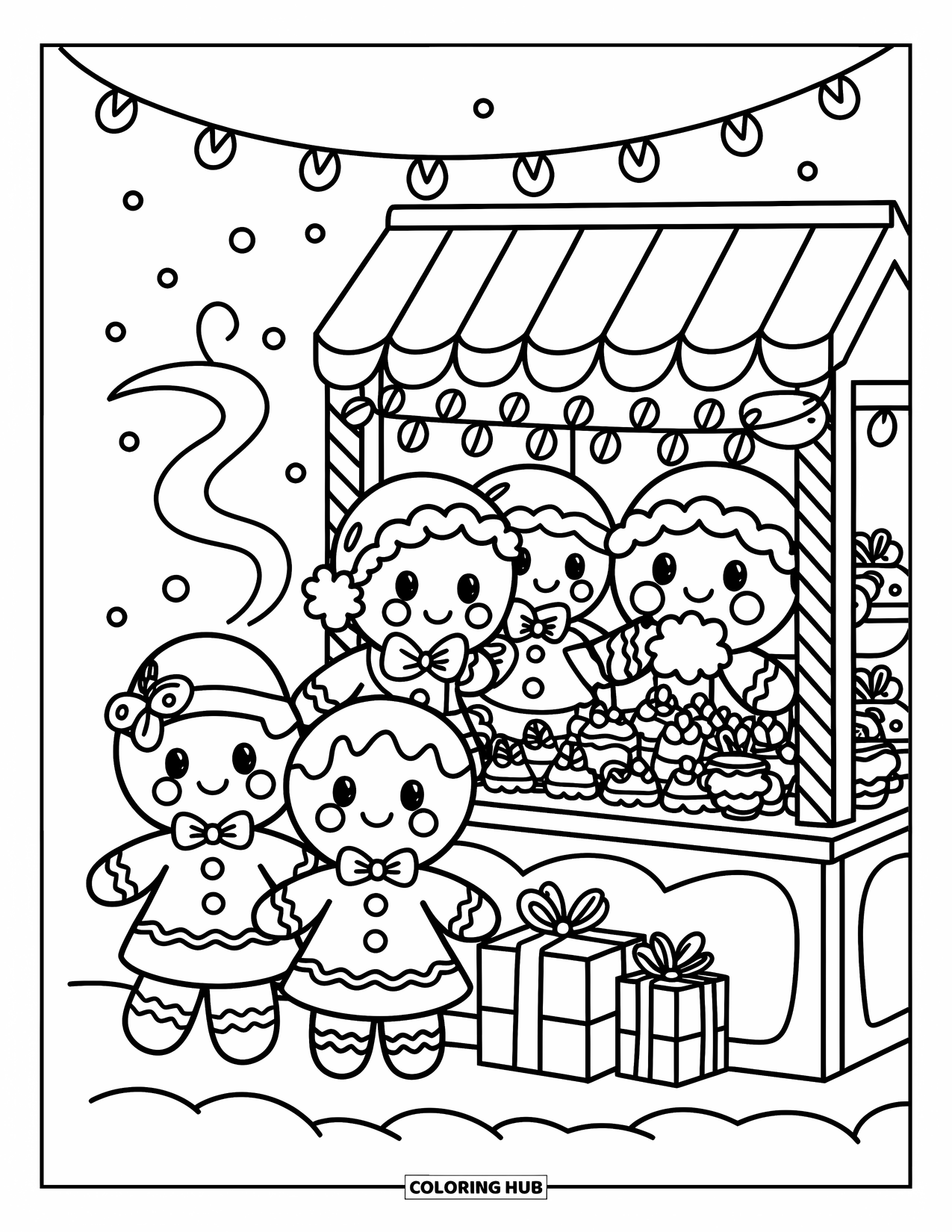 Winter Coloring Page for Adults: Chibi gingerbread cookies stroll through a kawaii-style winter market, enjoying tiny wrapped presents
