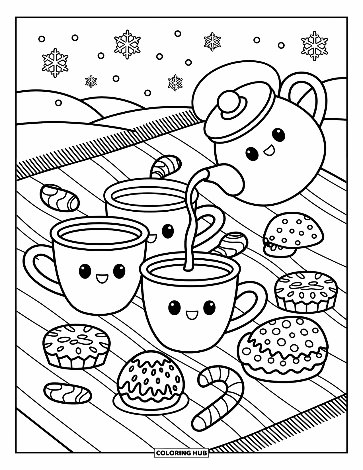 Winter Coloring Page for Adults: Chibi-style hot cocoa cups sit on a fluffy blanket, surrounded by pastries and candy canes