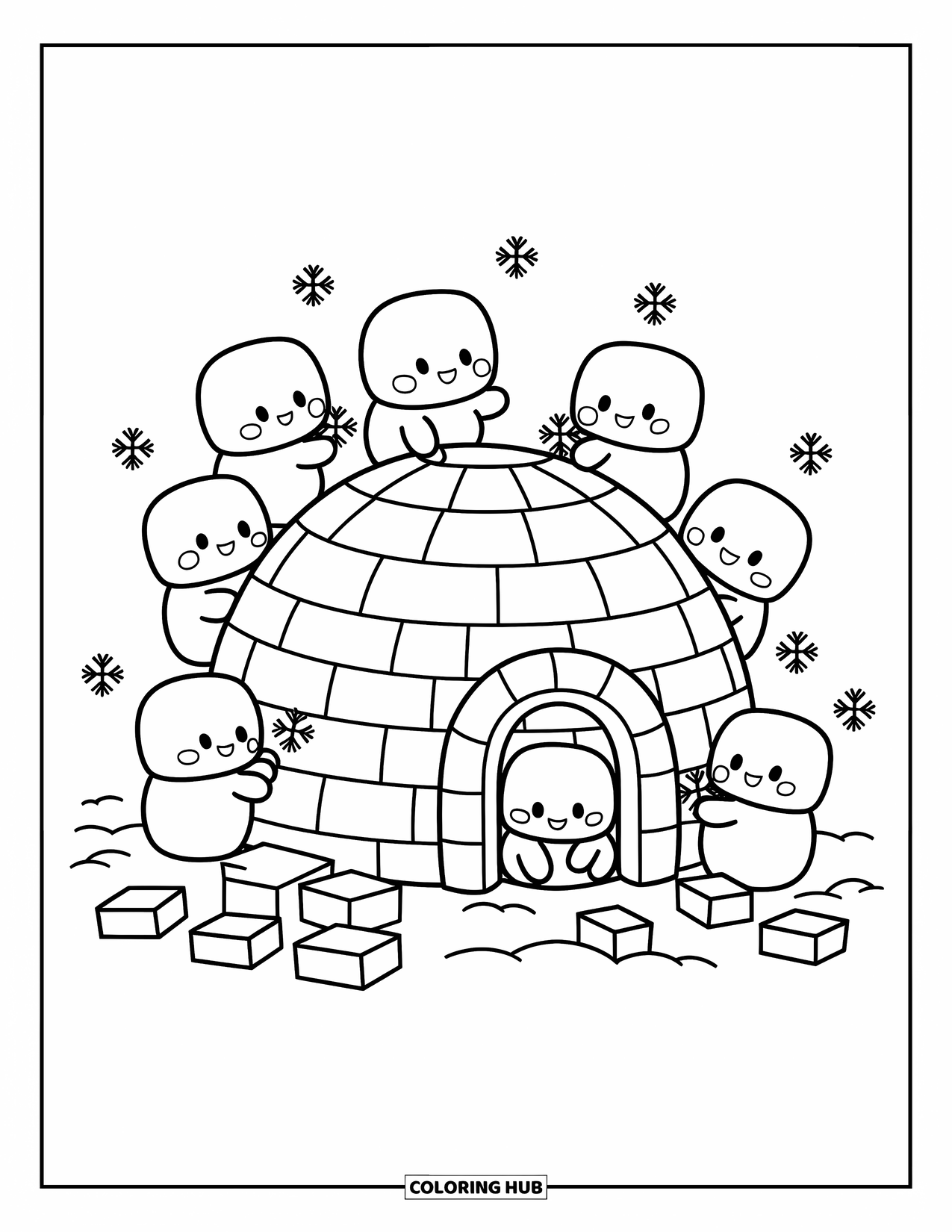 Winter Coloring Page for Adults: Playful chibi marshmallow characters stack snow bricks and peek out from their adorable igloo