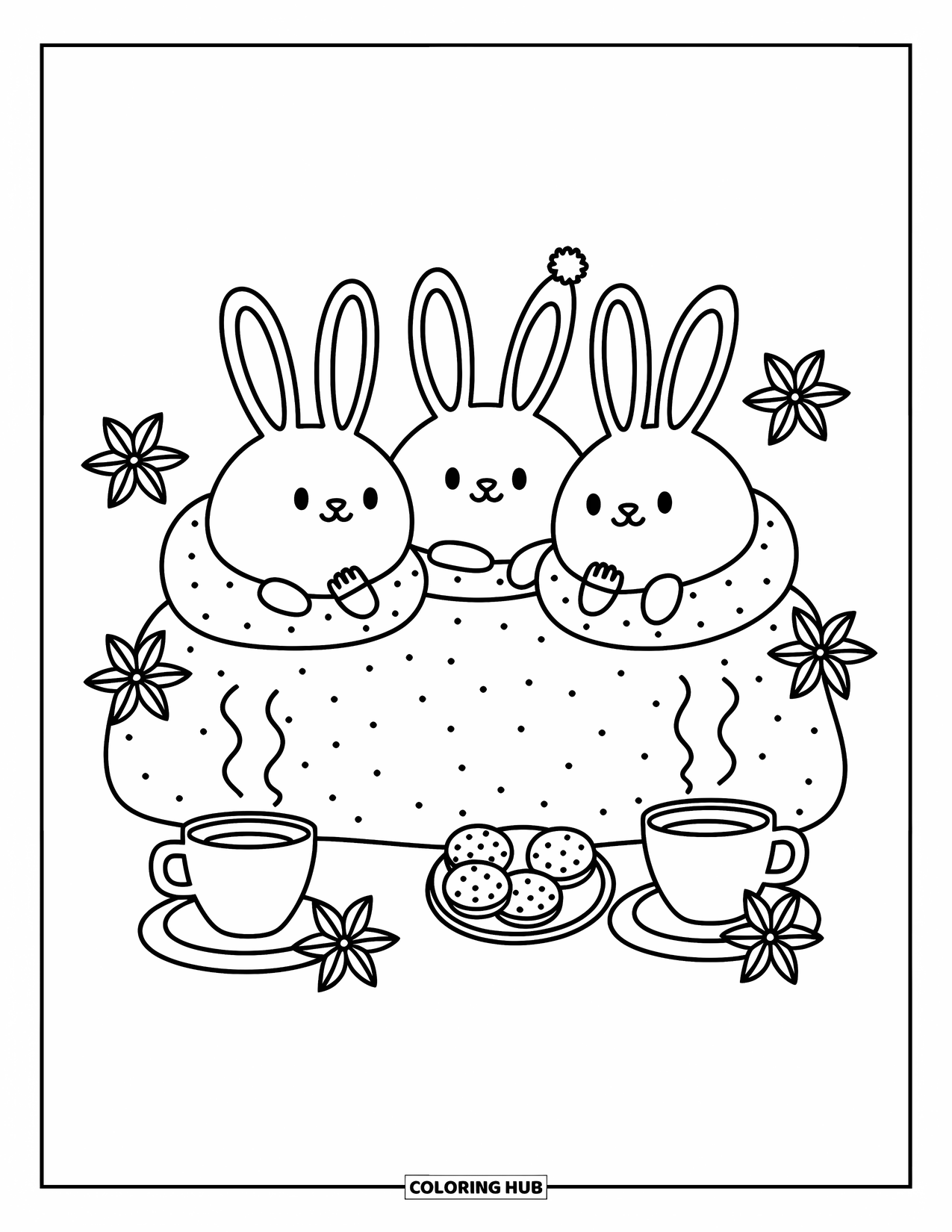 Winter Coloring Page for Adults: Three chubby snow bunnies huddled in soft blankets, wearing tiny winter accessories with warm tea and cookies nearby