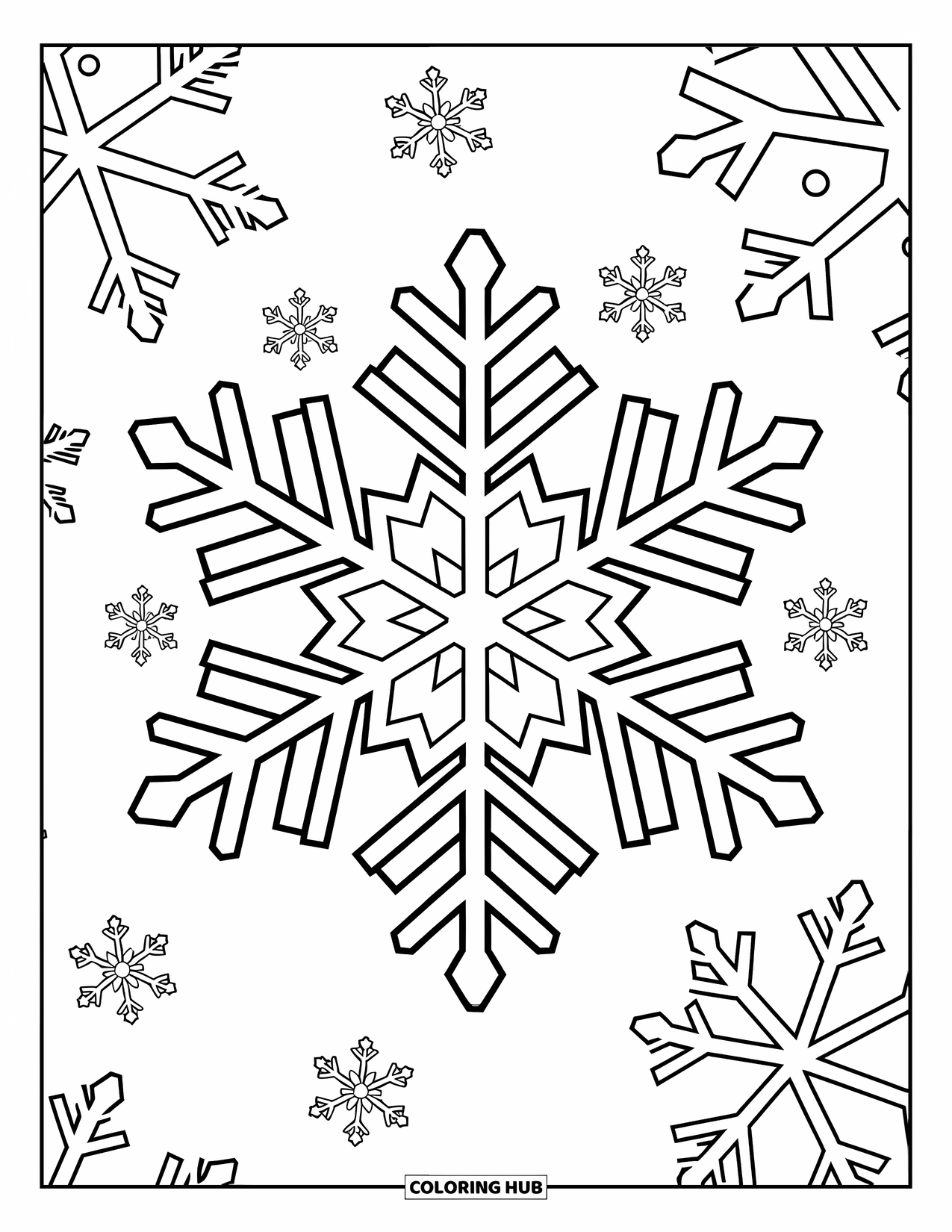 Winter Coloring Page for Kids: A beautifully designed snowflake with simple patterns, floating among smaller snowflakes
