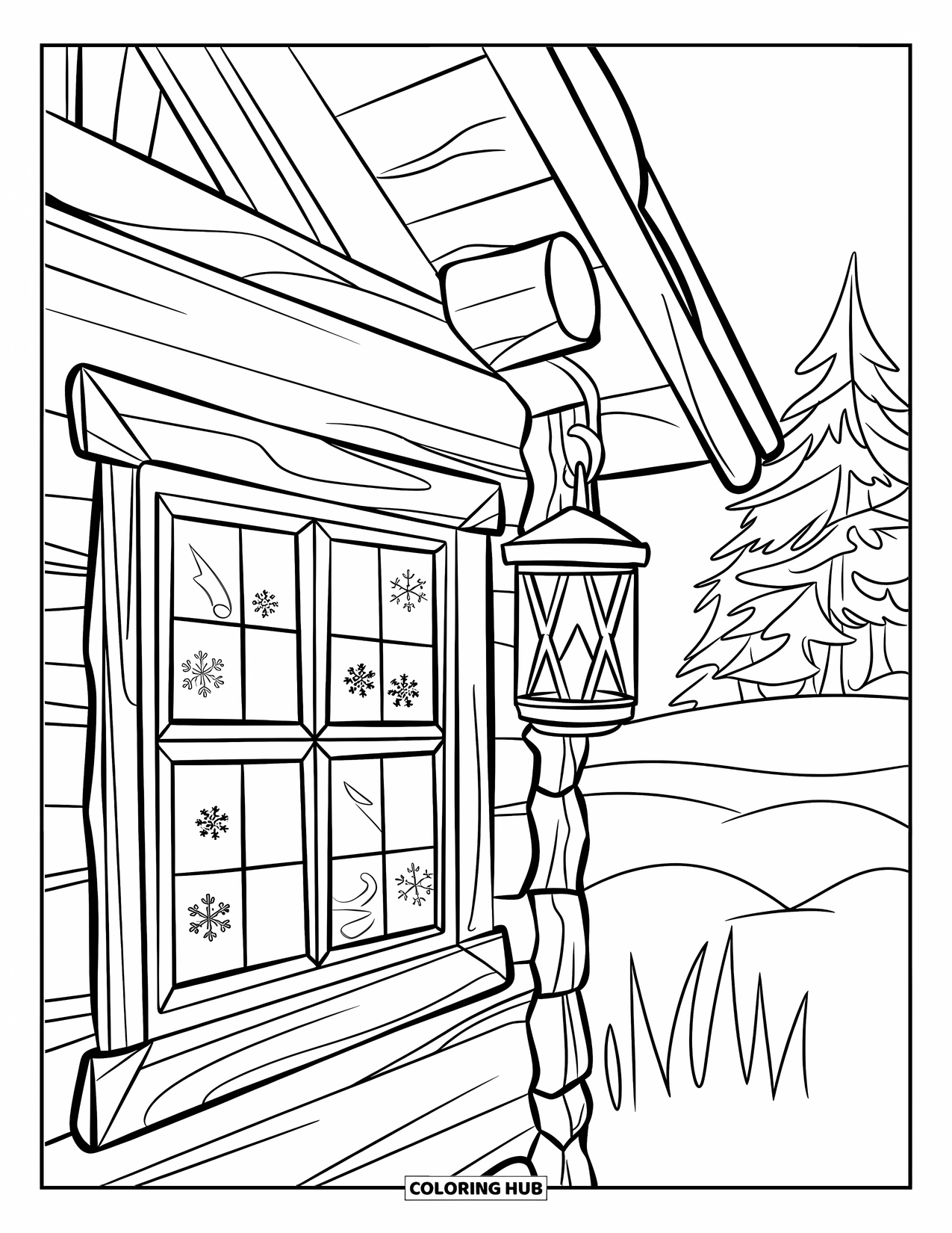 Winter Coloring Page for Kids: A cabin window framed with wooden beams, with frost patterns and a lantern beside it