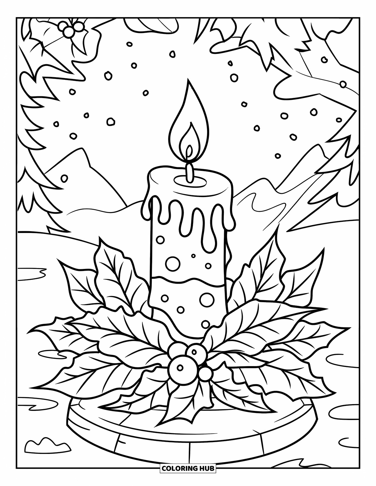 Winter Coloring Page for Kids: A candle on a stone base, surrounded by holly and winter leaves, with snowy mountains behind