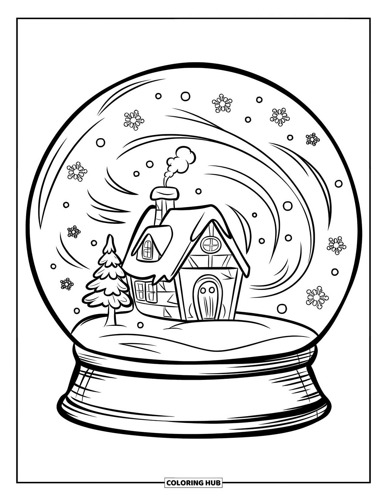 Winter Coloring Page for Kids: A charming snow globe with a cozy cabin, a snow-covered tree, and drifting flakes inside