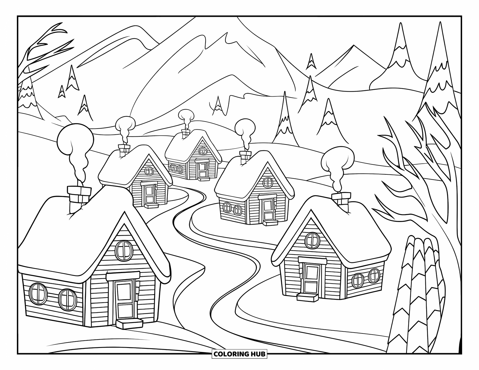 Winter Coloring Page for Kids: A charming winter village with snow-covered houses, winding paths, and chimneys puffing smoke