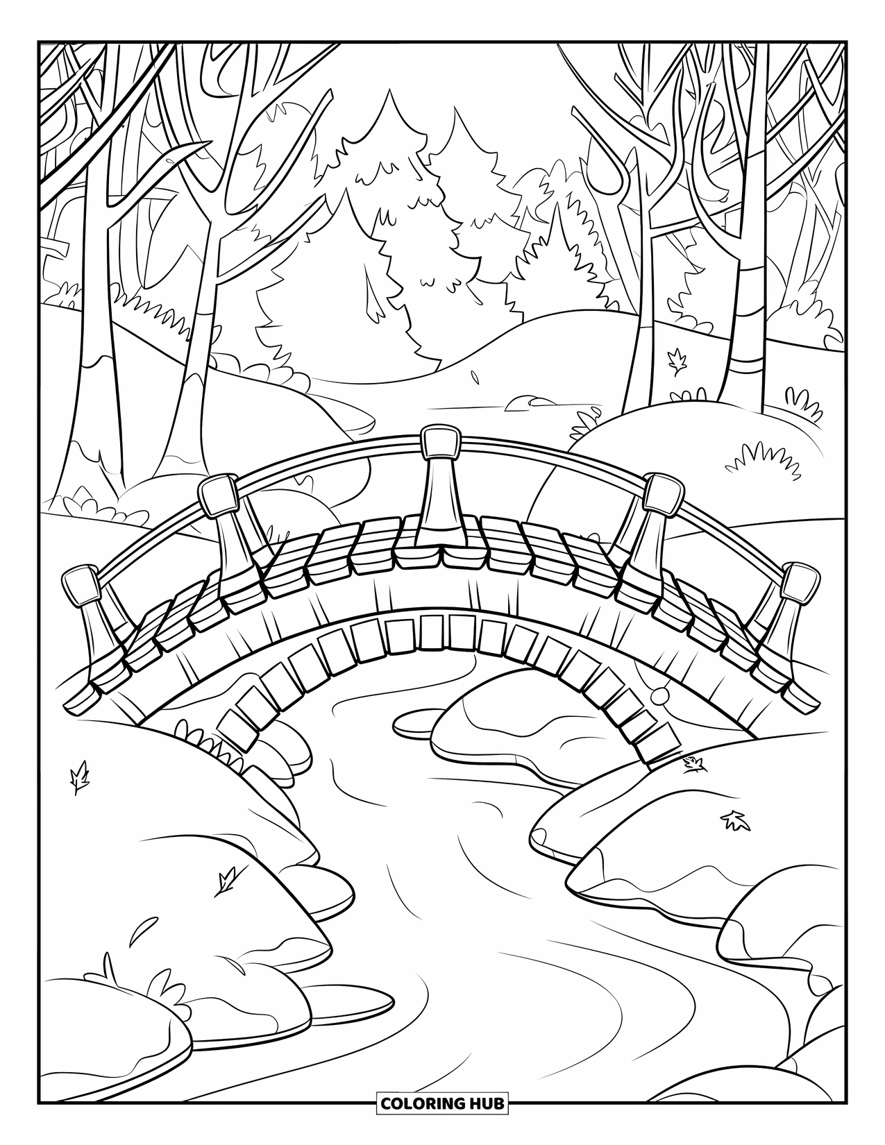 Winter Coloring Page for Kids: A charming wooden bridge arching over a gently frozen stream, surrounded by bare winter trees