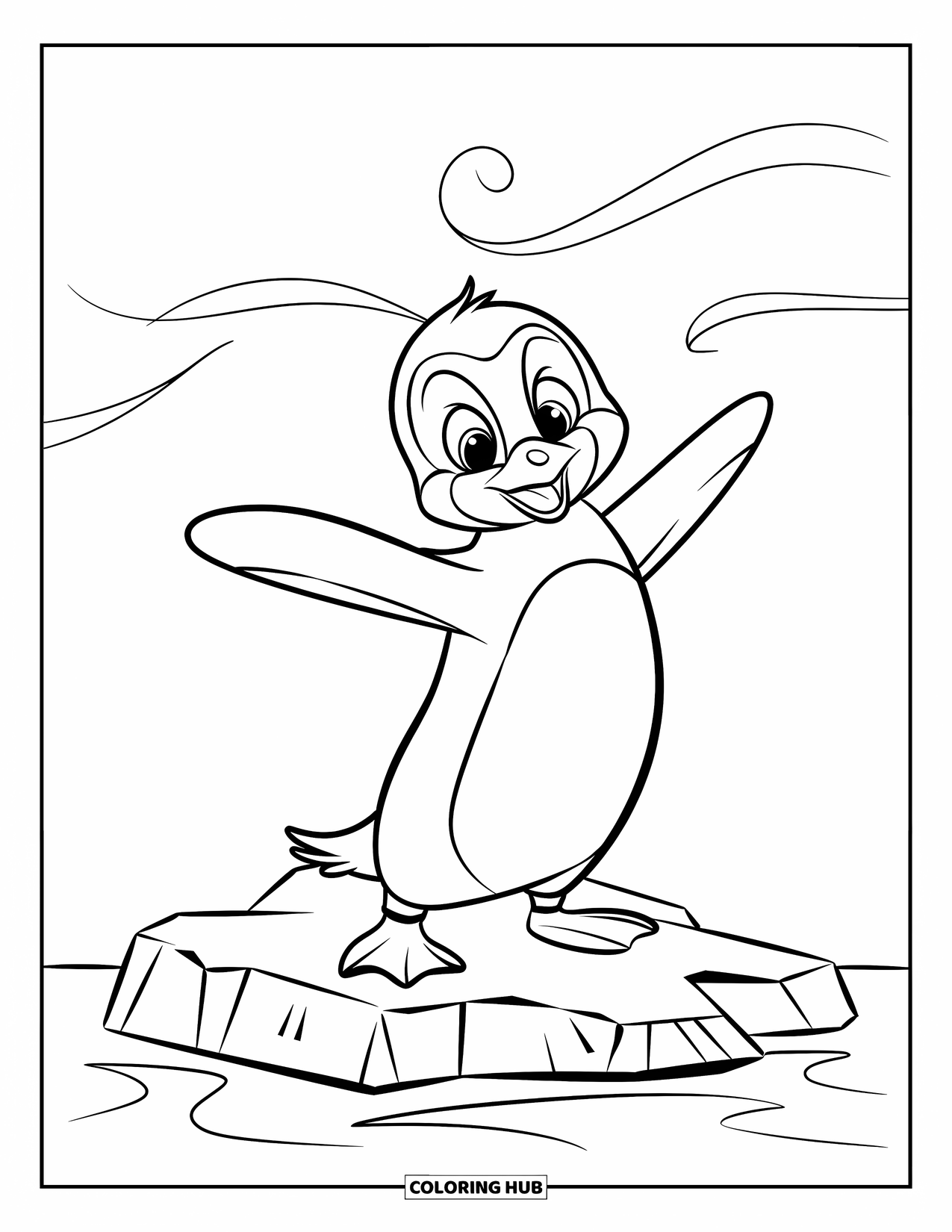 Winter Coloring Page for Kids: A cheerful penguin on an iceberg, flapping its wings as the wind swirls around