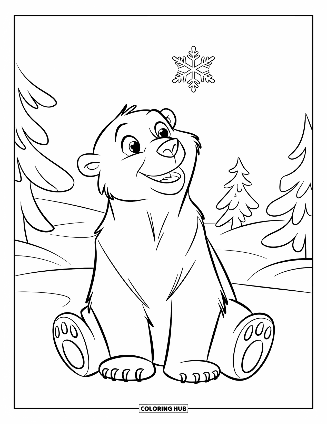 Winter Coloring Page for Kids: A cheerful polar bear watching a single snowflake fall, surrounded by snowy trees