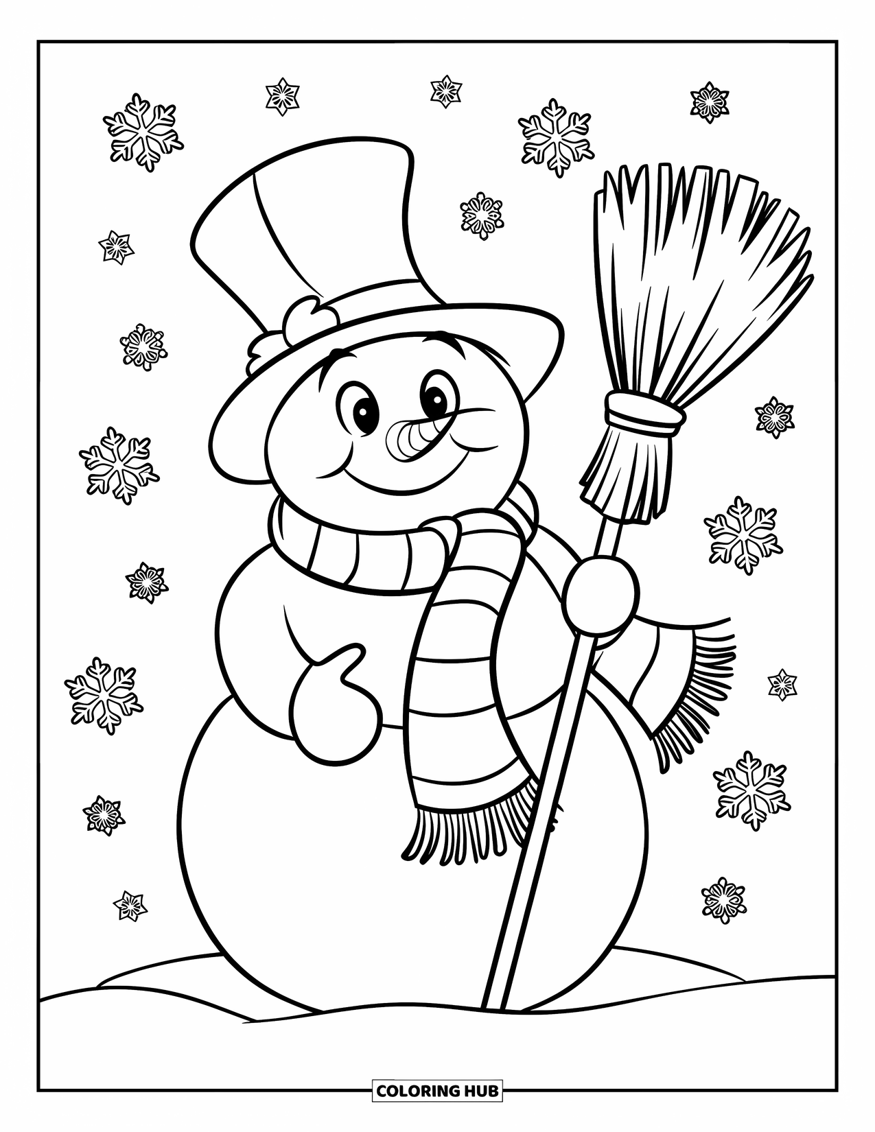 Winter Coloring Page for Kids: A cheerful snowman with a cozy scarf and tall hat, holding a broomstick with snowflakes falling around