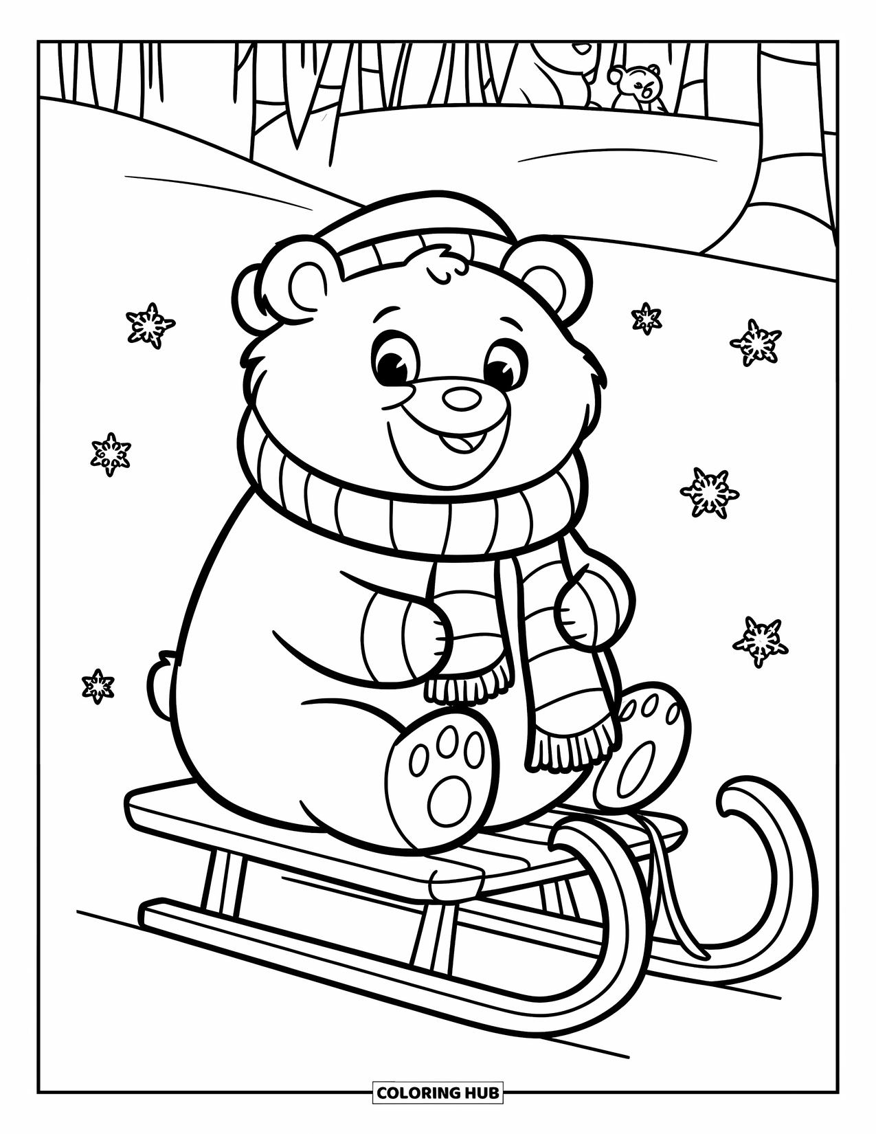 Winter Coloring Page for Kids: A chubby bear in a fluffy scarf and hat sitting on a sled, with snowflakes falling around