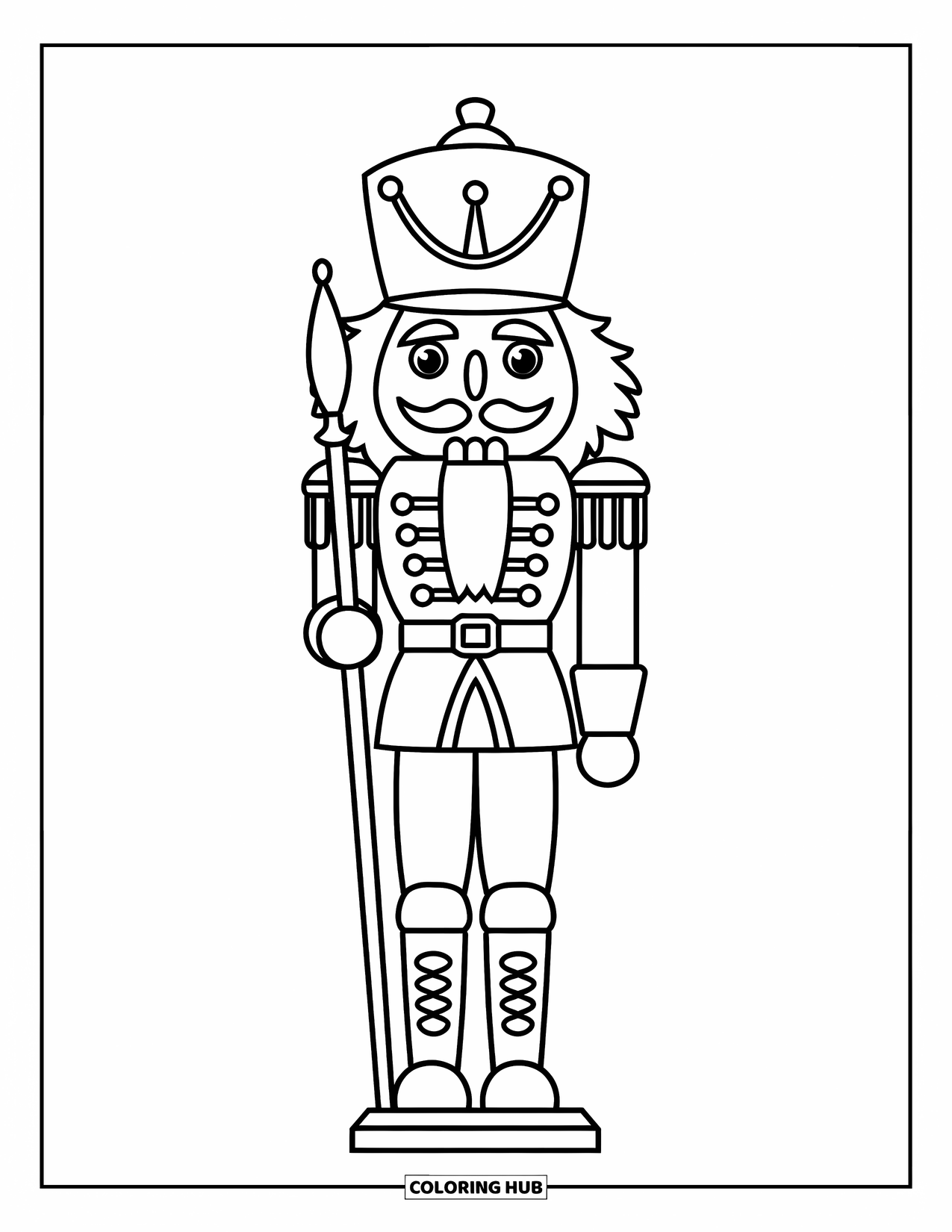 Winter Coloring Page for Kids: A classic nutcracker soldier in a detailed winter outfit, holding an intricately designed staff