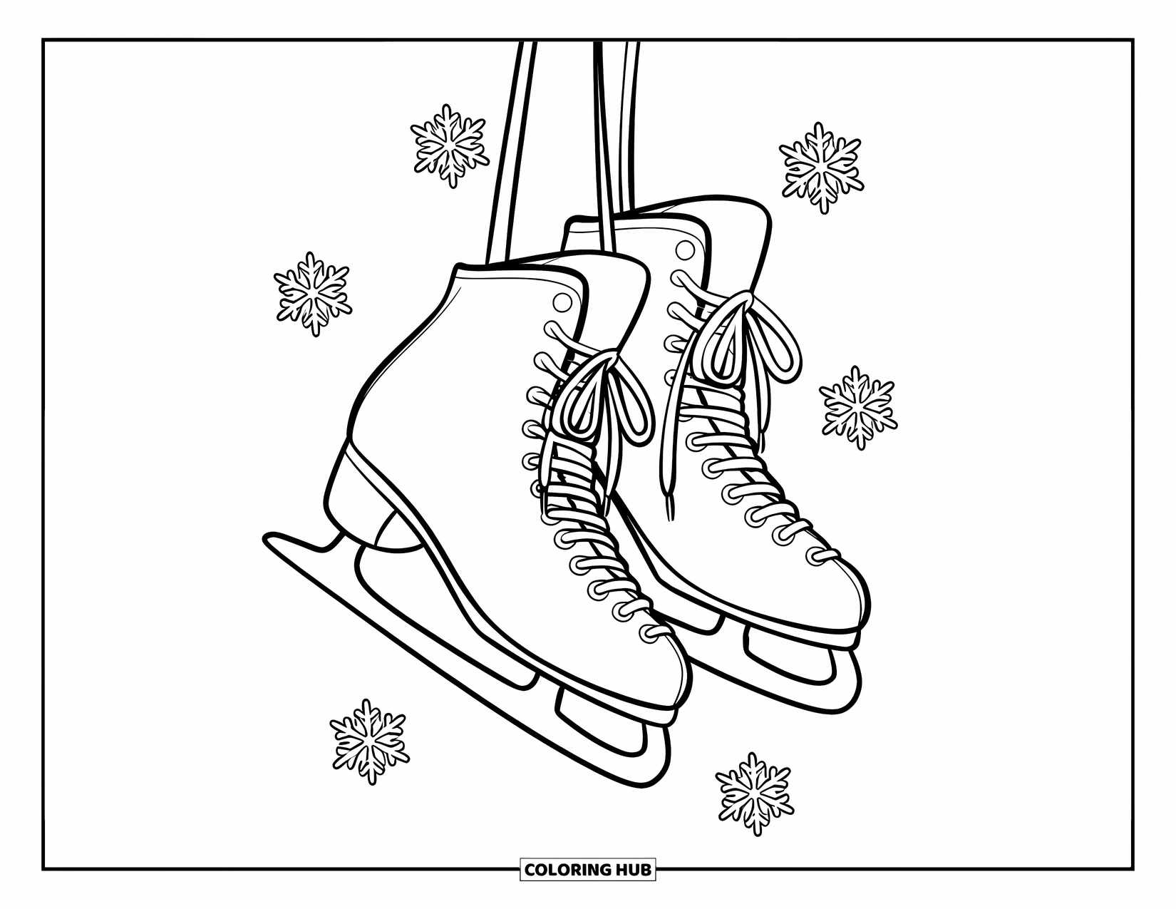 Winter Coloring Page for Kids: A classic pair of ice skates tied together, with delicate snowflakes drifting around