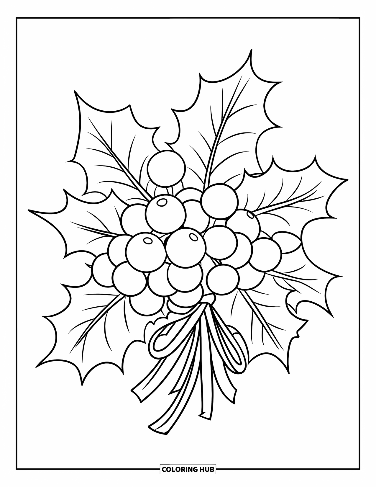 Winter Coloring Page for Kids: A cluster of holly berries and leaves tied together with a ribbon, lightly dusted with snow