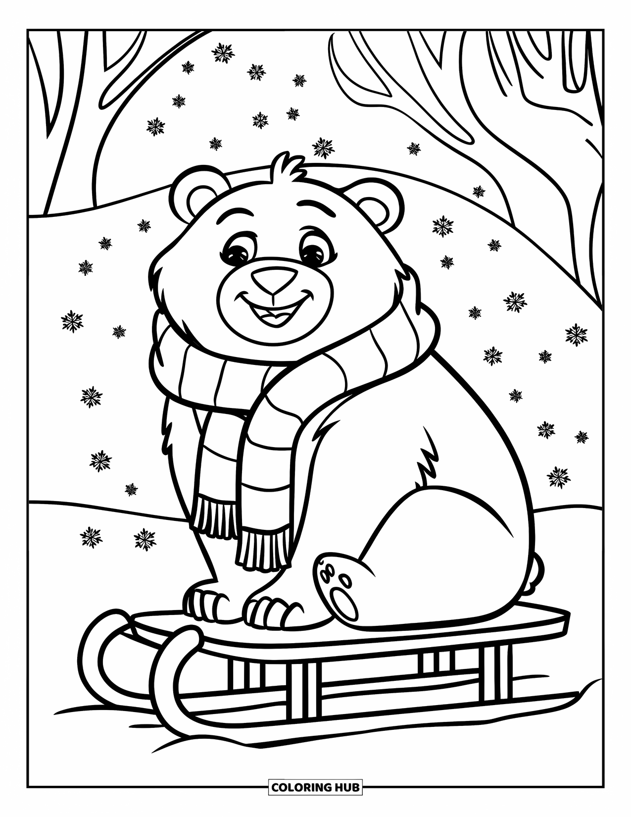 Winter Coloring Page for Kids: A cozy bear in a warm scarf, sitting on a sled with snow falling in a winter landscape