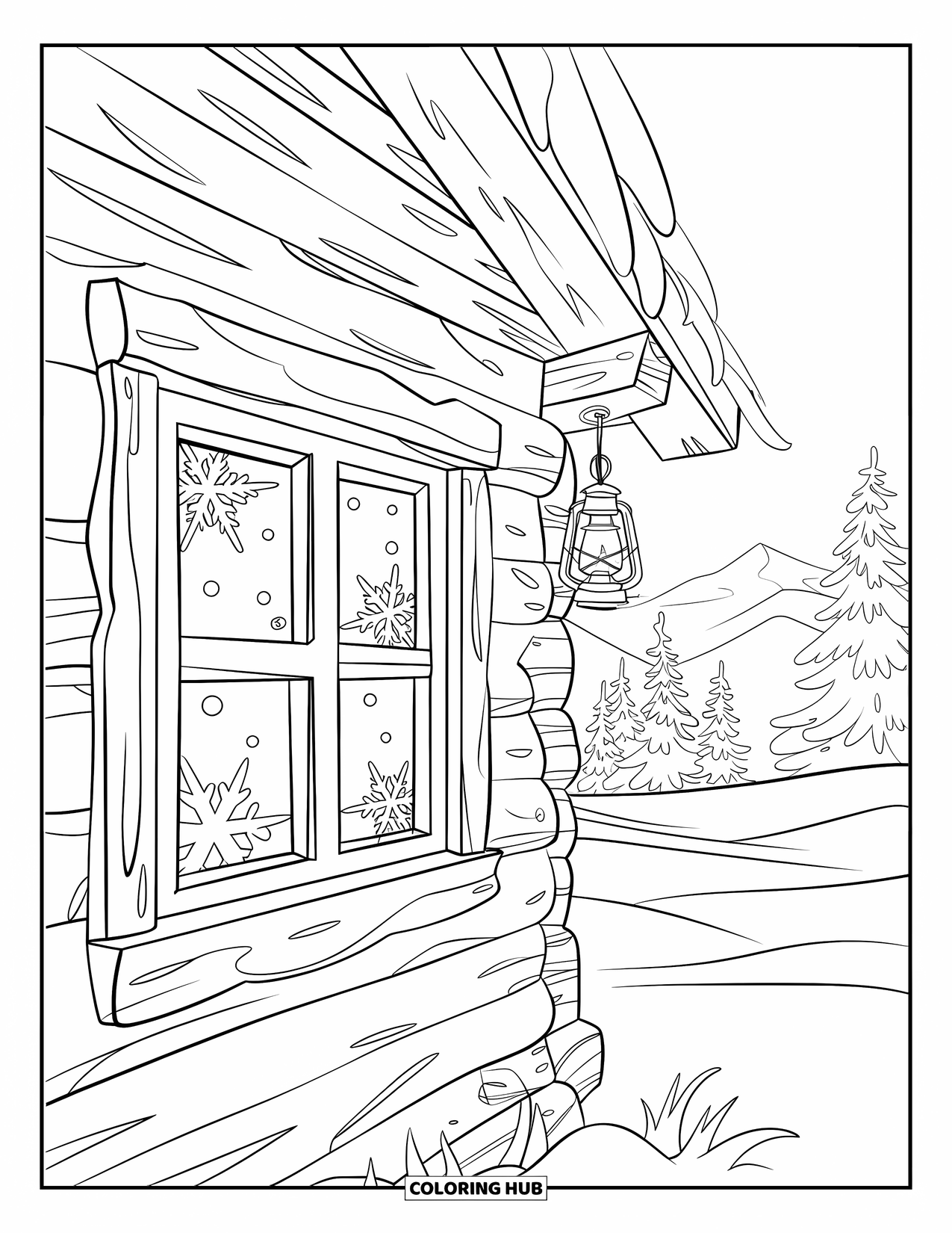 Winter Coloring Page for Kids: A cozy cabin nestled in snow, with frost-covered windows and a lantern glowing in the cold