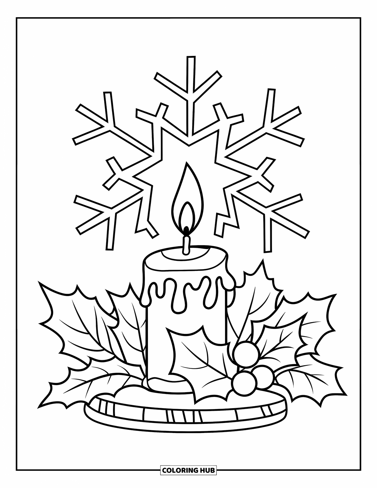 Winter Coloring Page for Kids: A cozy candle with winter leaves and holly, placed on a wooden base with a snowflake nearby