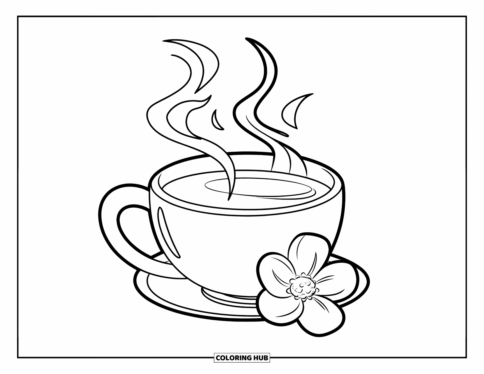 Winter Coloring Page for Kids: A cozy mug of tea with soft steam rising, accompanied by a small, delicate flower