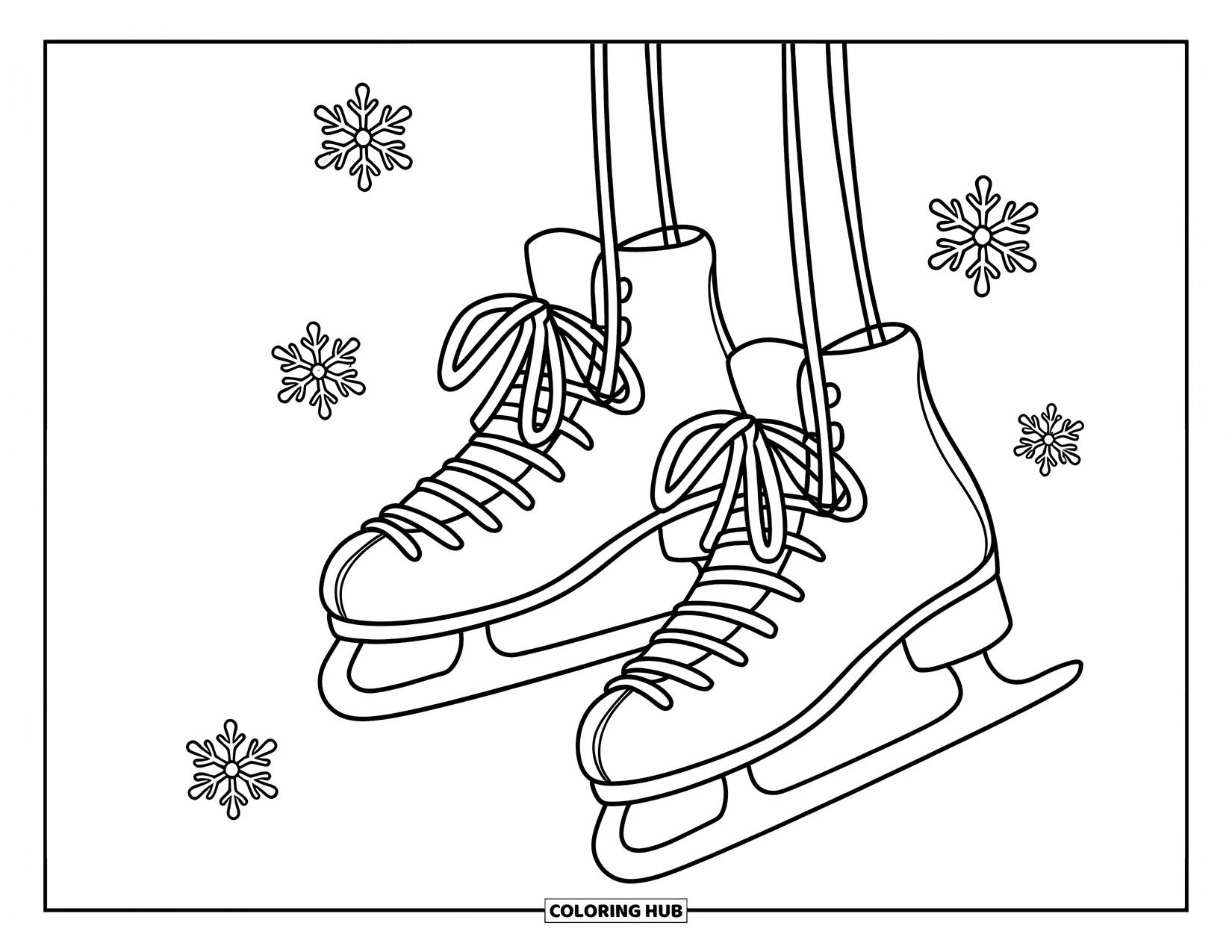 Winter Coloring Page for Kids: A cozy pair of ice skates with curved blades, hanging among floating snowflakes
