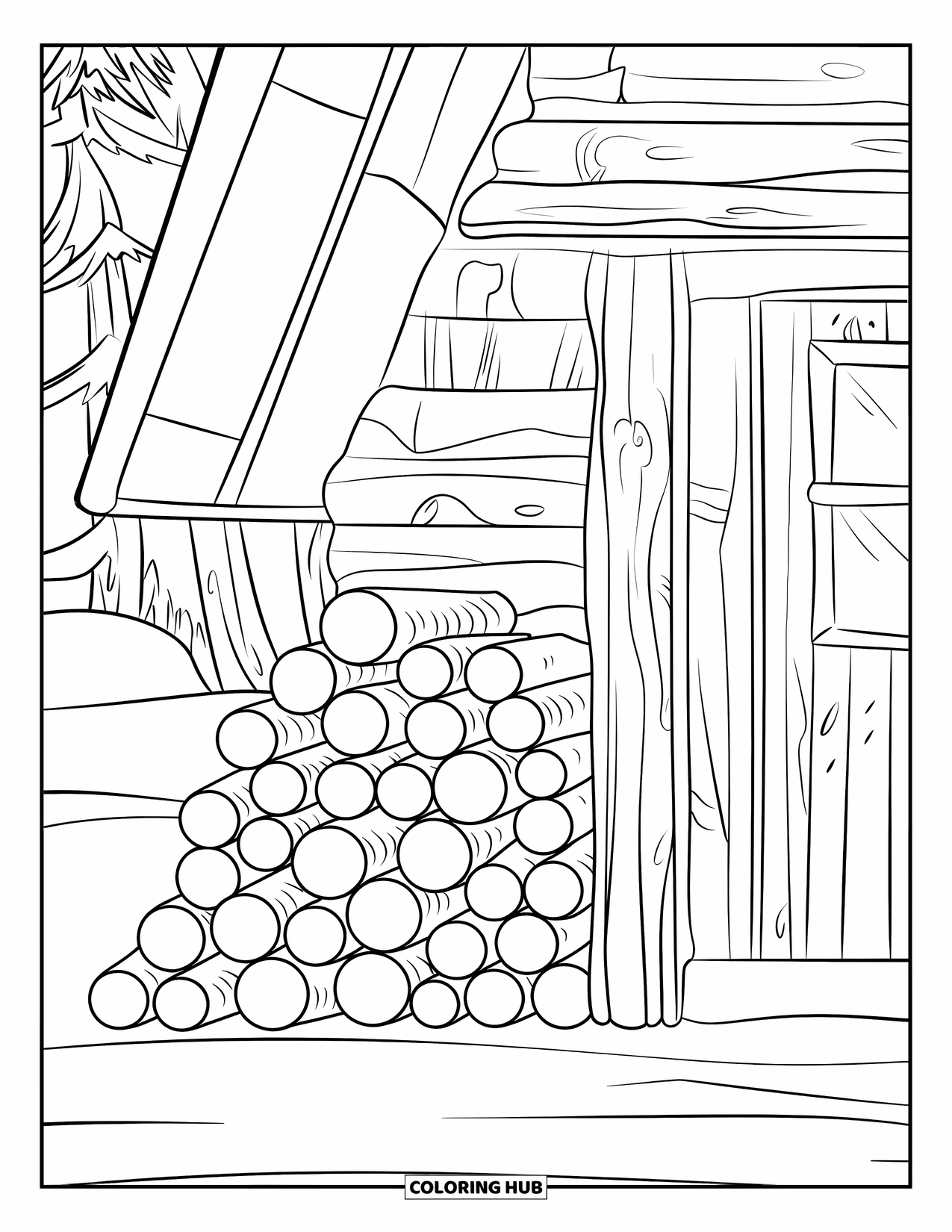 Winter Coloring Page for Kids: A cozy snow-covered cabin with a neatly stacked pile of firewood beside its wooden door