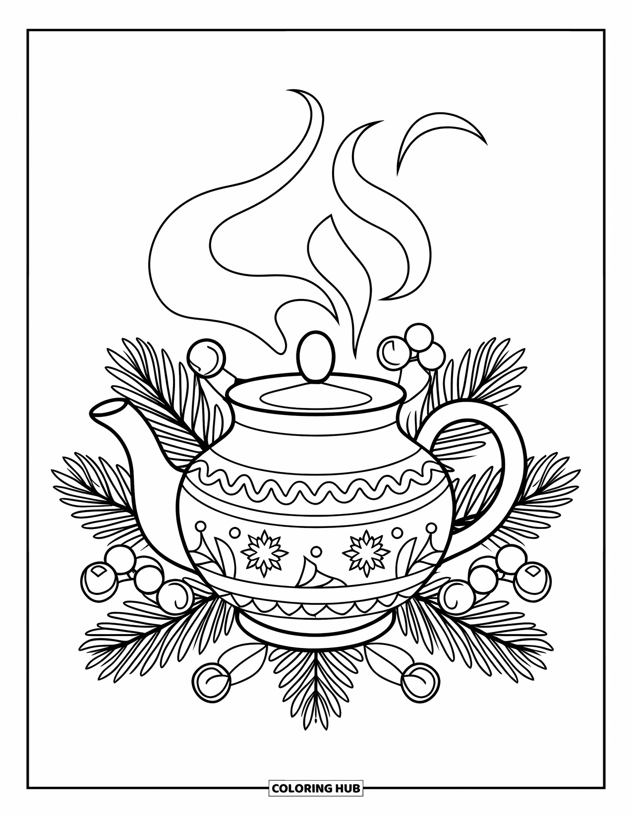Winter Coloring Page for Kids: A cozy teapot with intricate winter patterns, resting among pine sprigs and delicate berries