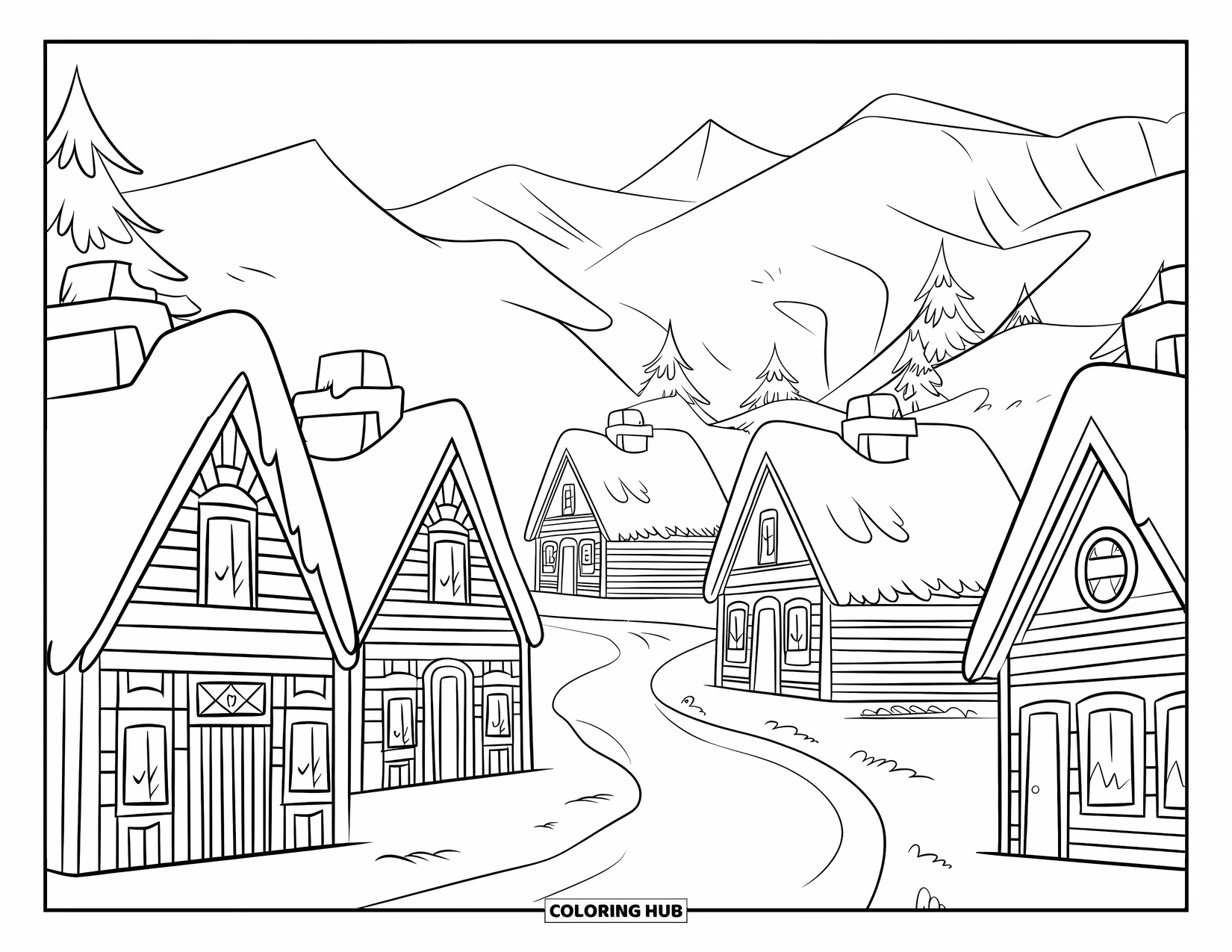 Winter Coloring Page for Kids: A cozy village with snowy rooftops, a winding path, and distant mountains in the background