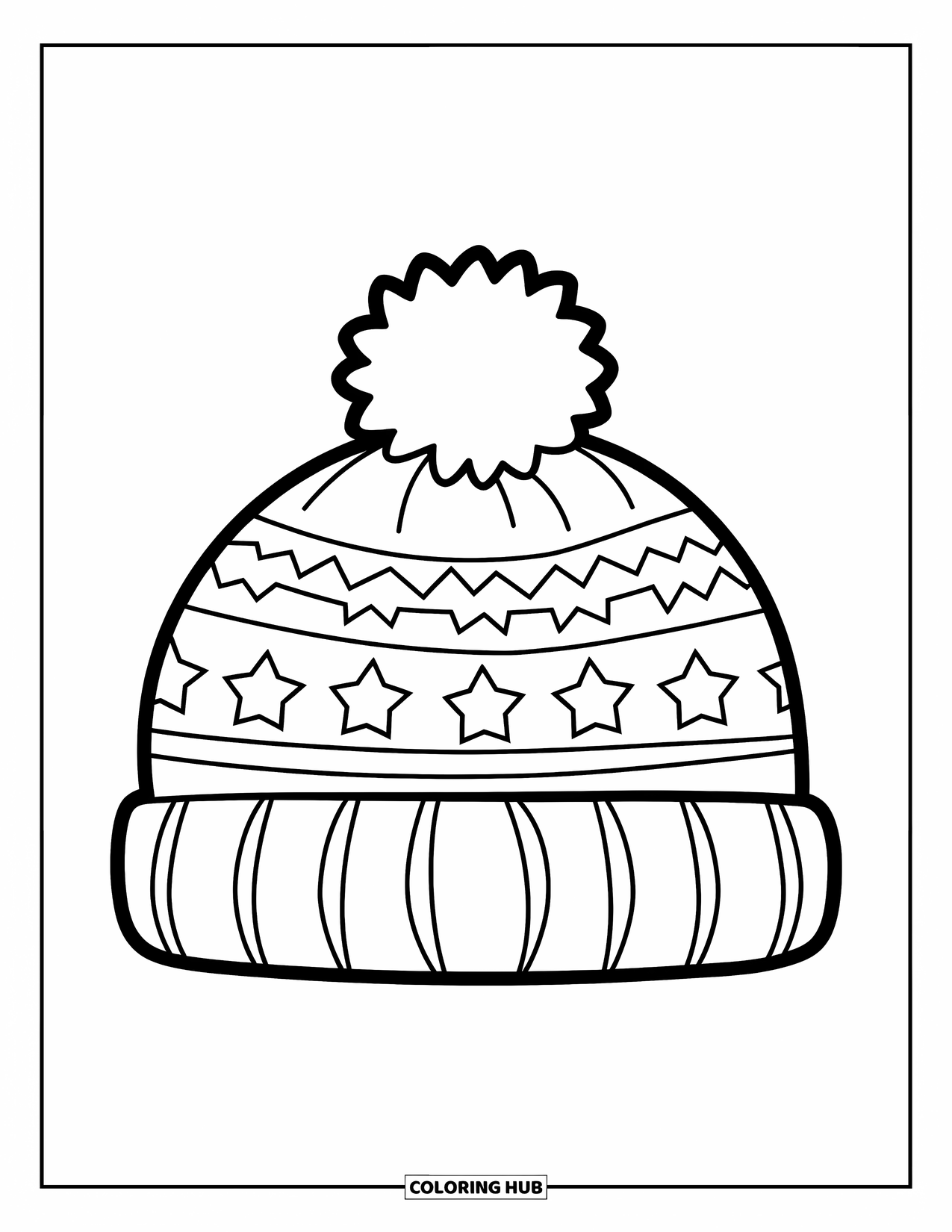 Winter Coloring Page for Kids: A cozy winter hat with stars and stripes, designed with bold outlines and simple patterns
