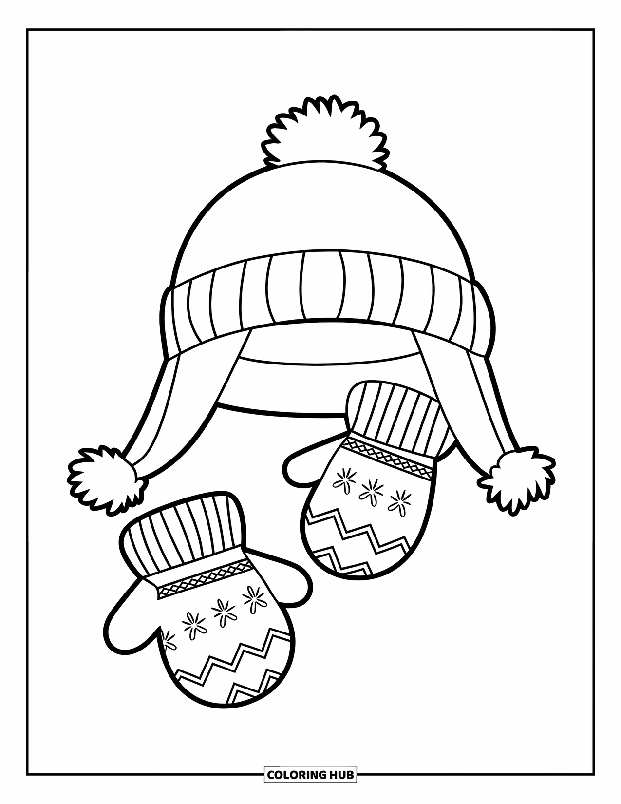 Winter Coloring Page for Kids: A cozy winter outfit featuring a fluffy hat and mittens with a simple pattern