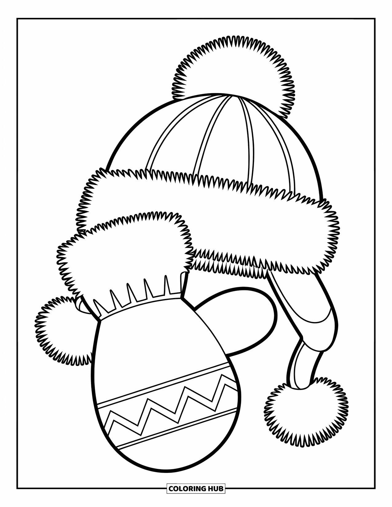 Winter Coloring Page for Kids: A cute mitten and hat with soft and rounded details