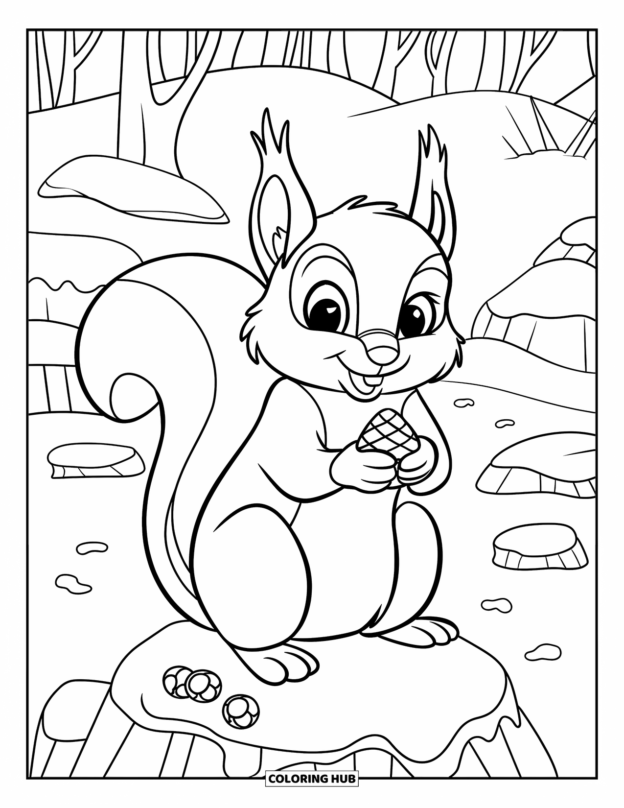 Winter Coloring Page for Kids: A cute squirrel with wide eyes sitting on a snowy rock, surrounded by winter berries and trees