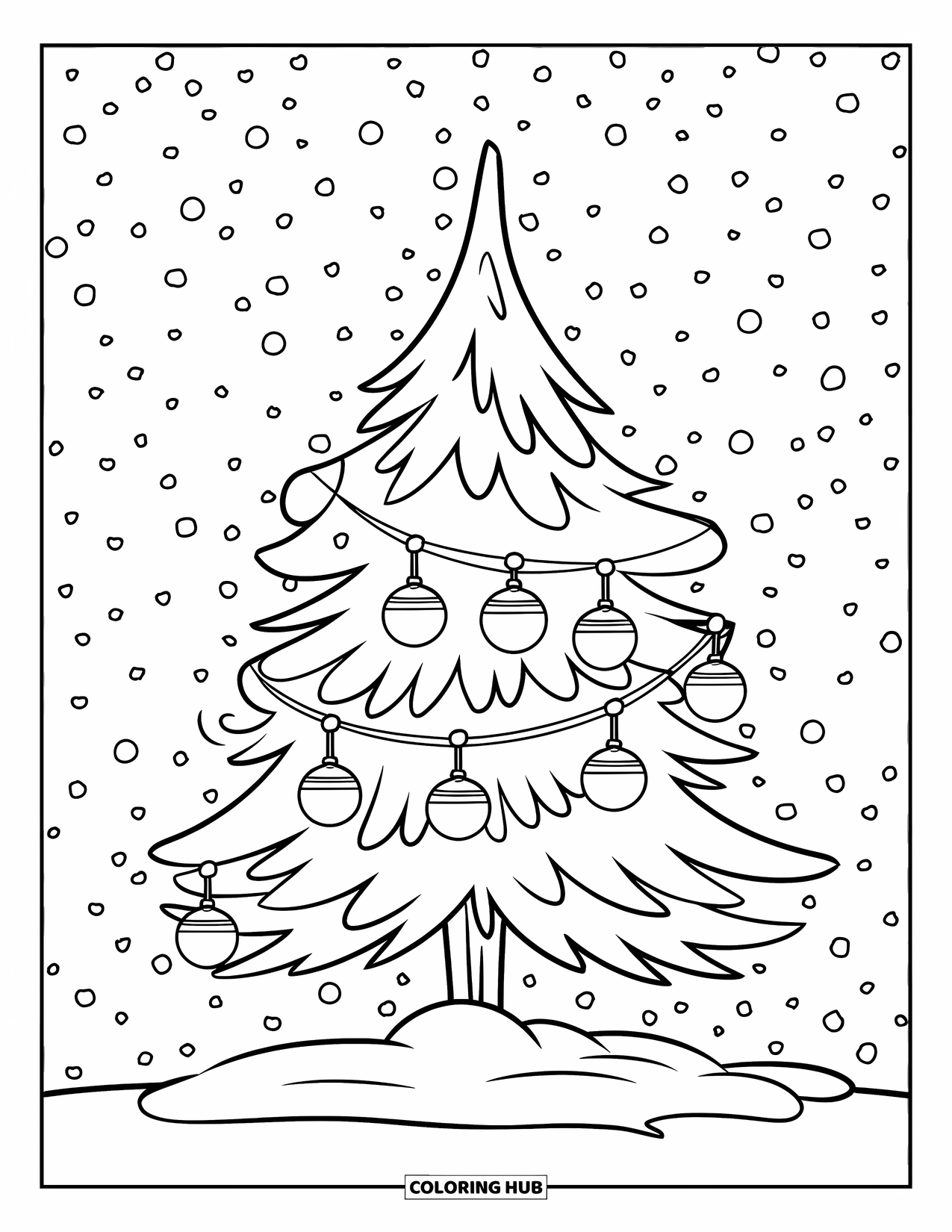Winter Coloring Page for Kids: A decorated winter tree standing in the snow, with simple ornaments hanging from its branches