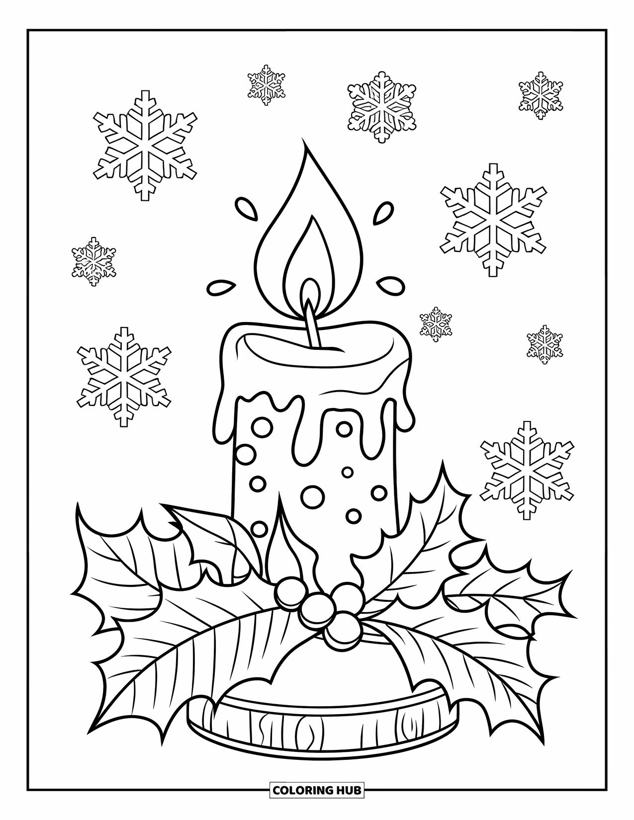 Winter Coloring Page for Kids: A decorative candle on a wooden base, surrounded by holly leaves and winter foliage