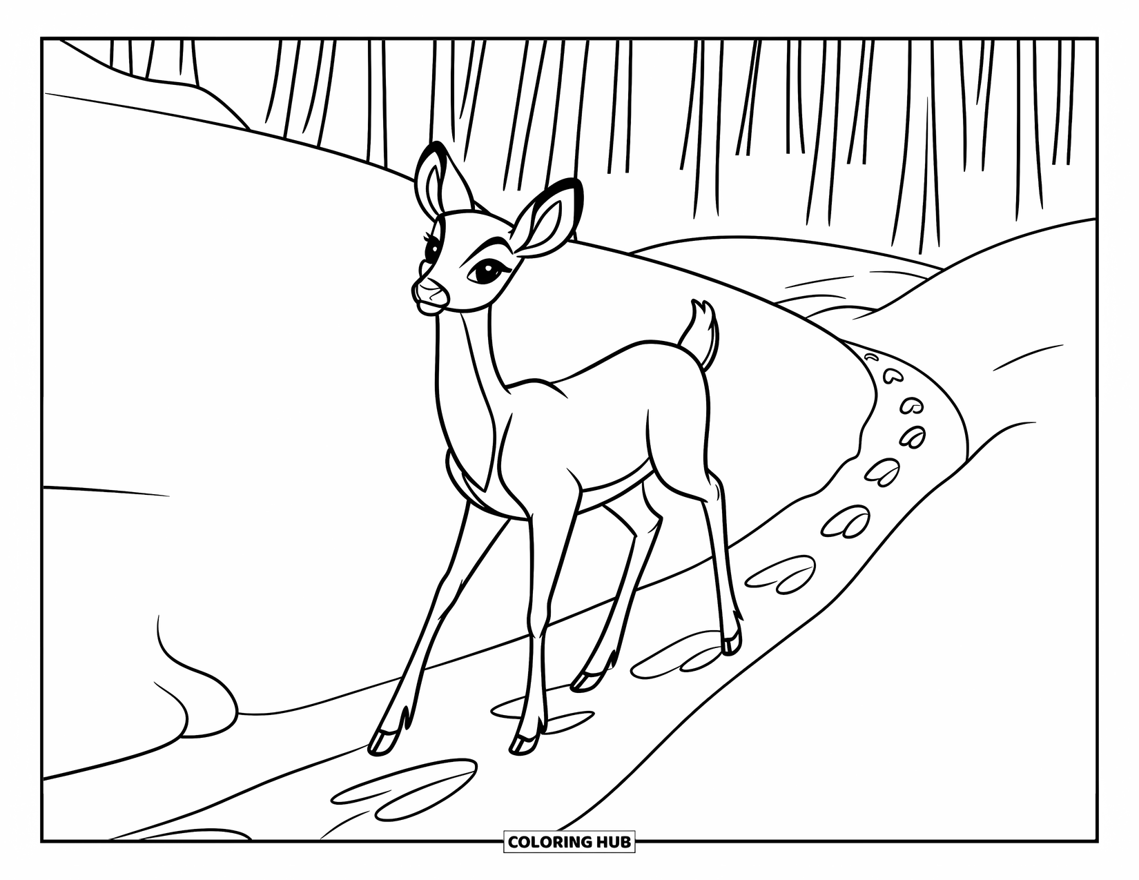 Winter Coloring Page for Kids: A deer stepping through deep snow, leaving a trail of footprints along a quiet forest path