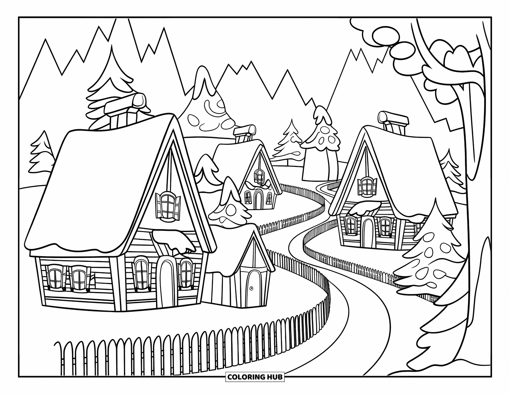 Winter Coloring Page for Kids: A fairy-tale winter village with snow-covered houses, a picket fence, and a winding path