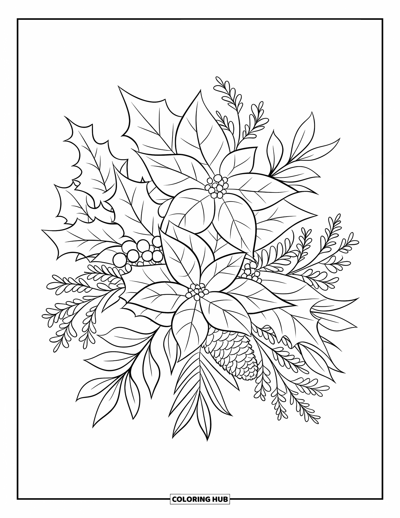 Winter Coloring Page for Kids: A festive bouquet of poinsettias, pinecones, and holly leaves, designed with clean, bold outlines