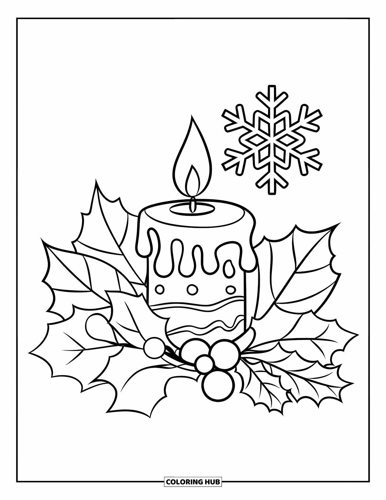 Winter Coloring Page for Kids: A festive candle with holly sprigs and a snowflake above, resting beside it