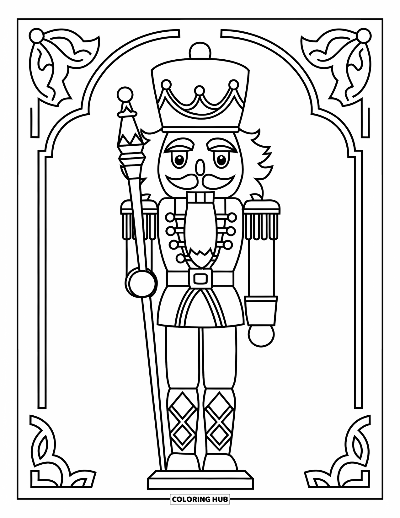 Winter Coloring Page for Kids: A festive nutcracker soldier dressed in an elaborate uniform, standing proudly with his staff