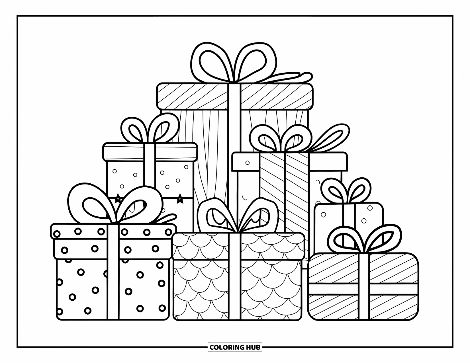 Winter Coloring Page for Kids: A festive pile of winter presents, decorated with ribbons and bows in various designs