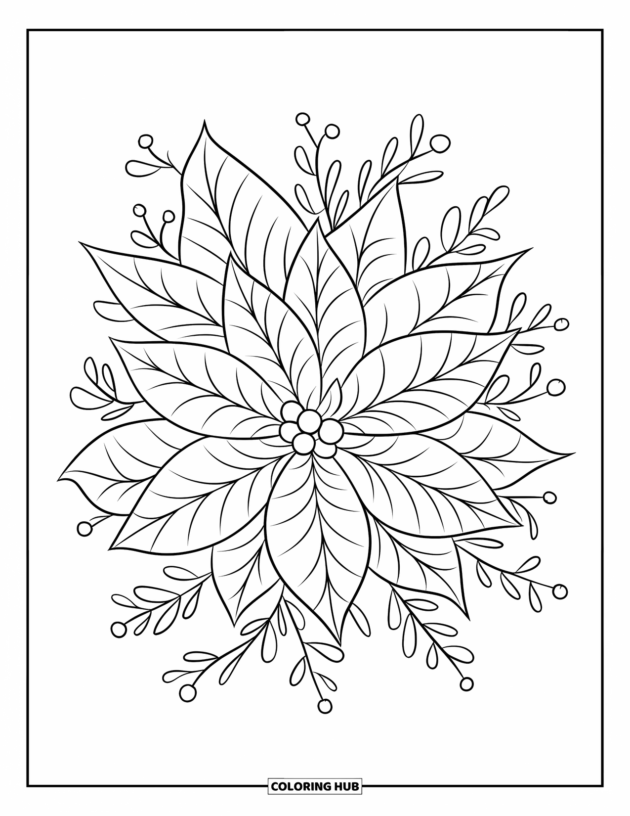 Winter Coloring Page for Kids: A festive poinsettia bloom with delicate winter leaves and berries surrounding it
