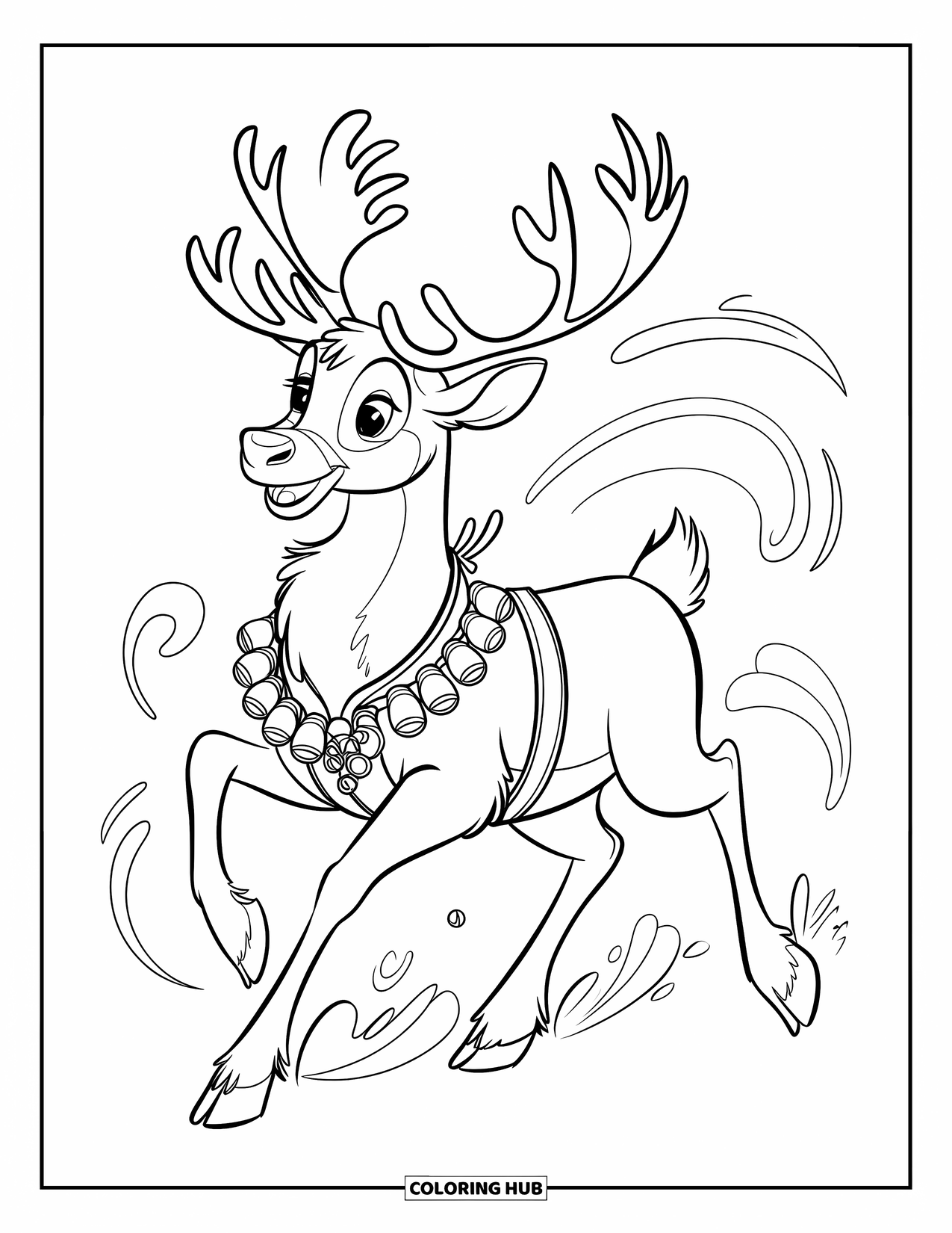 Winter Coloring Page for Kids: A festive reindeer prancing through the wind, its harness jingling with decorative bells