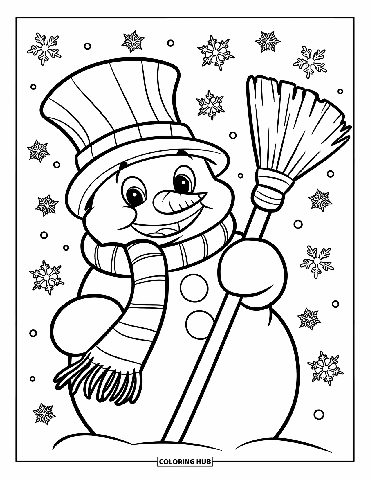 Winter Coloring Page for Kids: A festive snowman holding a broomstick, bundled up in a warm scarf with snowflakes around
