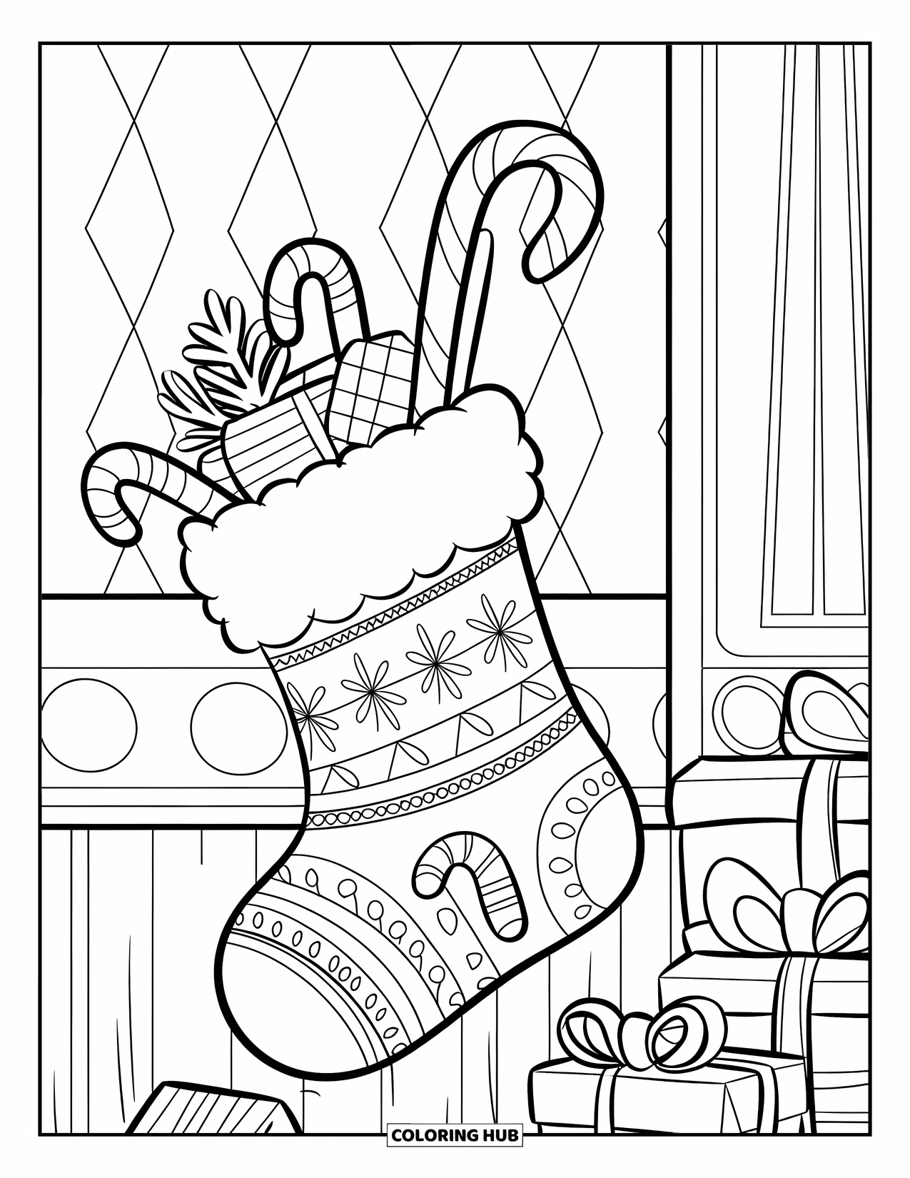Winter Coloring Page for Kids: A festive stocking on a wall, filled with candy canes, wrapped gifts, and winter plants