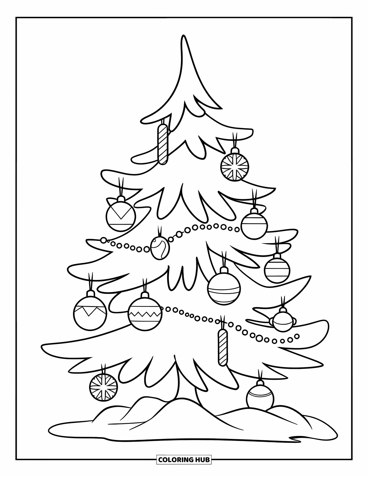 Winter Coloring Page for Kids: A festive tree with bold outlines, featuring ornaments and a snow pile at the base