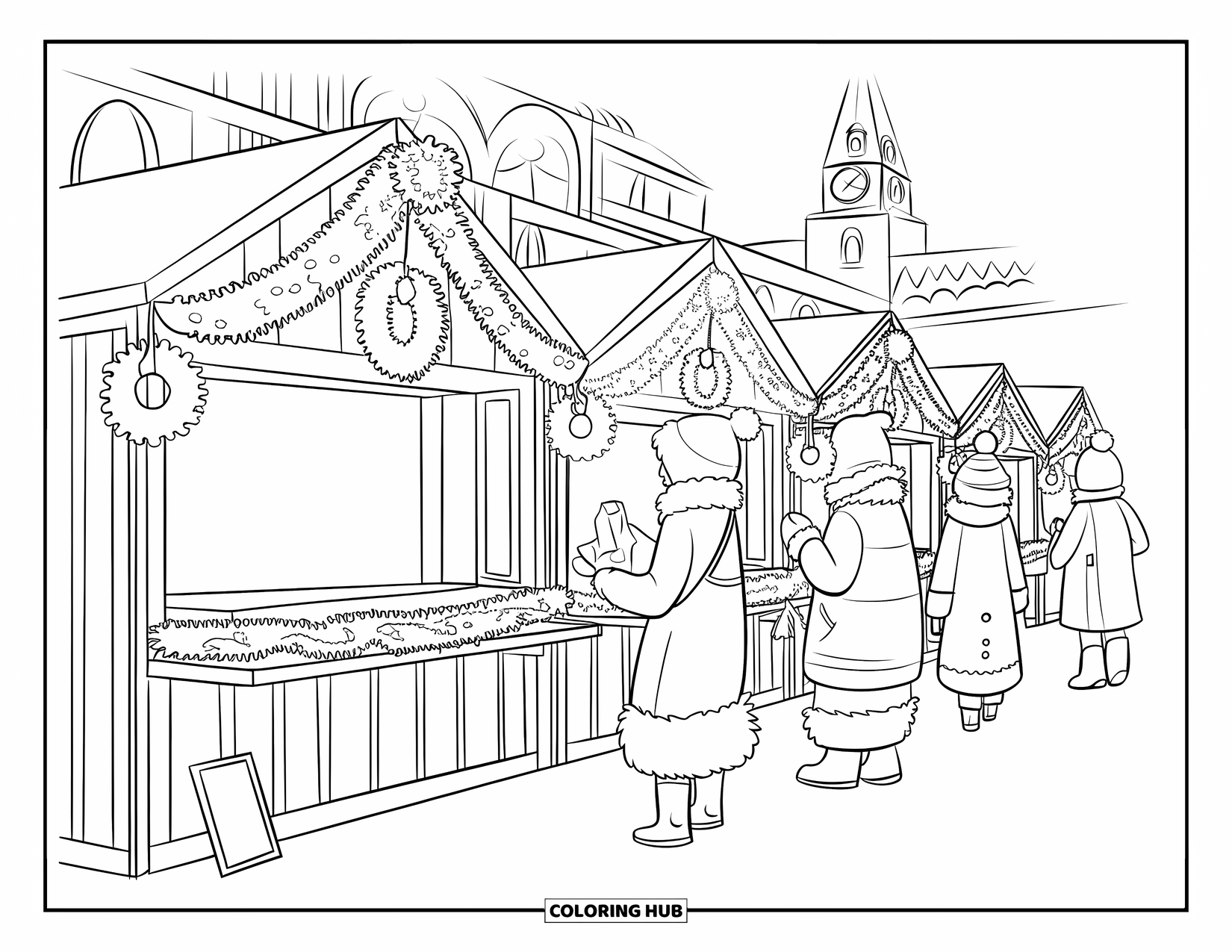 Winter Coloring Page for Kids: A festive winter market with wooden stalls decorated with garlands and wreaths, bustling with warmly dressed visitors