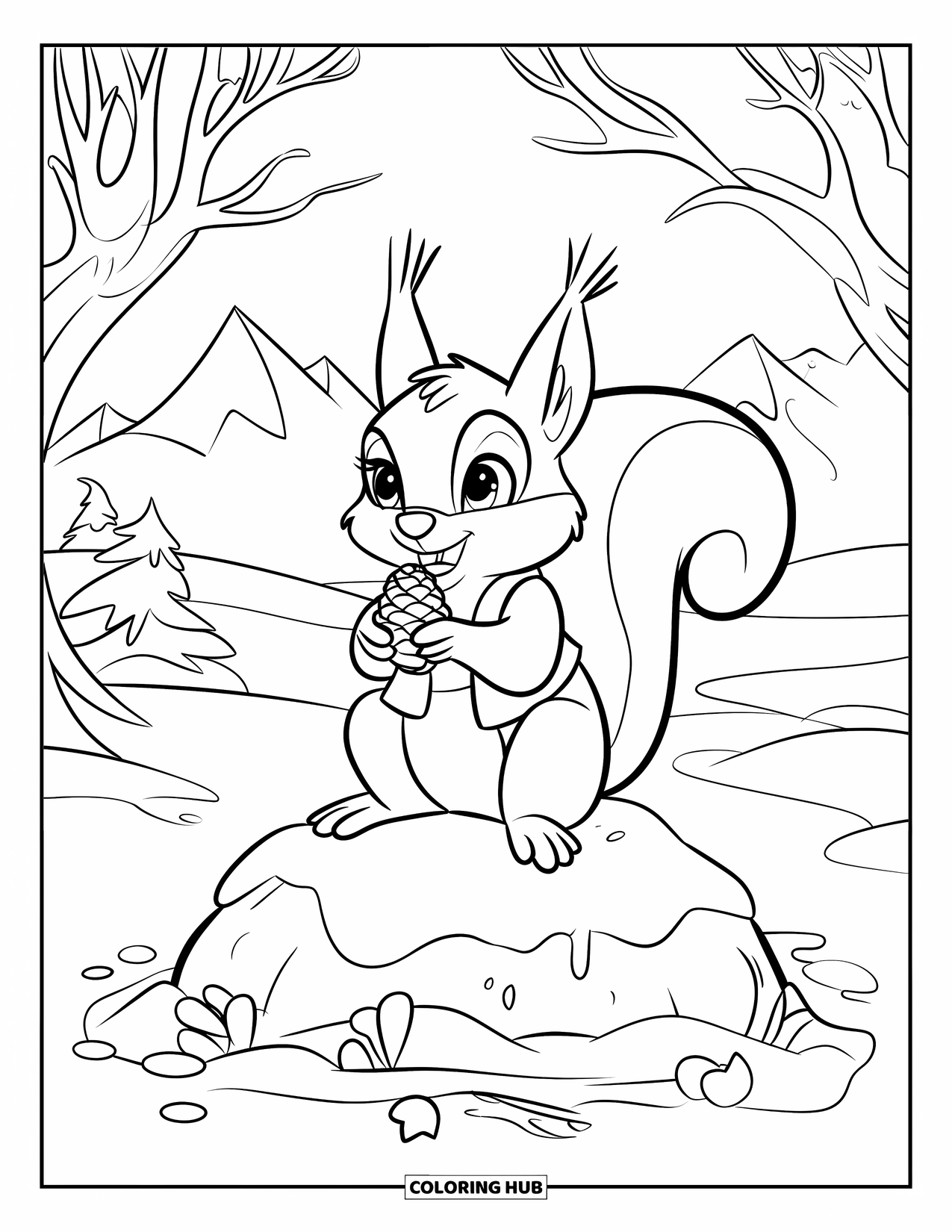 Winter Coloring Page for Kids: A fluffy-tailed squirrel wearing a vest, perched on a snowy rock, holding a small pinecone