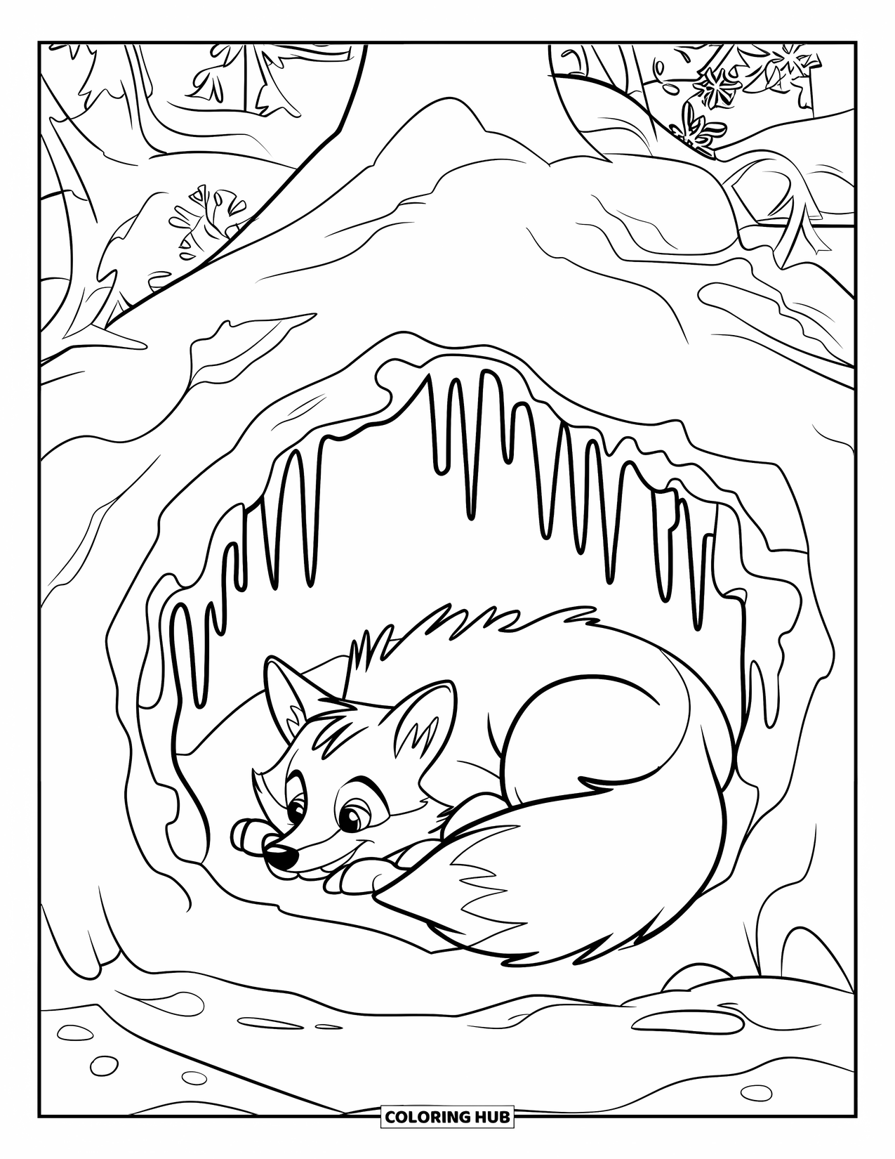 Winter Coloring Page for Kids: A fox curled up in a snowy den, with icicles hanging from the entrance and winter flowers nearby