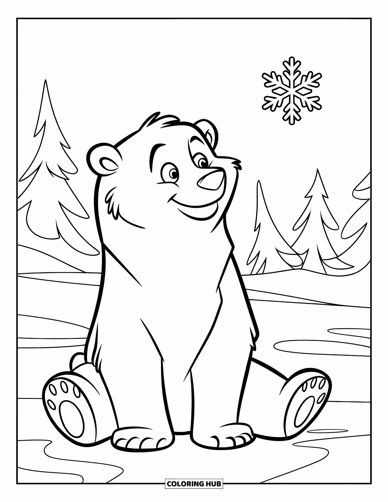 Winter Coloring Page for Kids: A friendly polar bear sitting in the snow, gazing up at a falling snowflake
