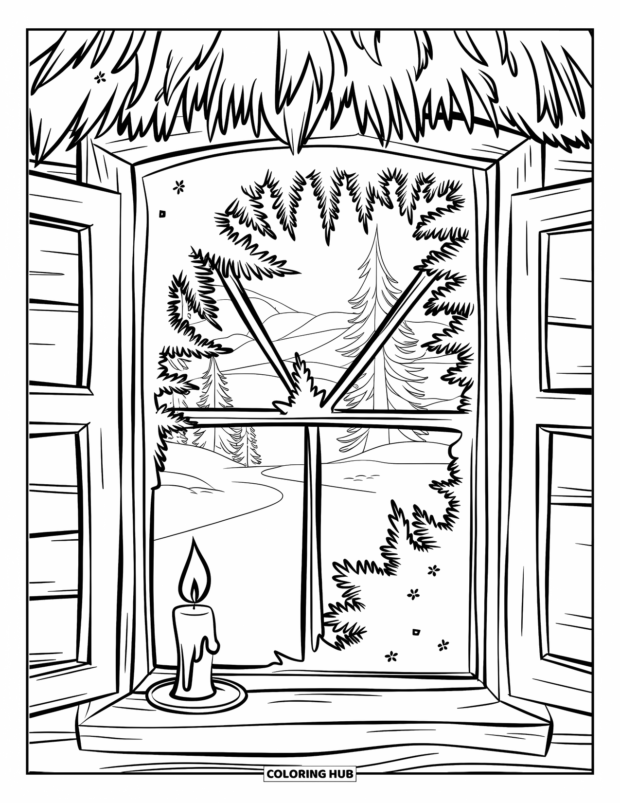 Winter Coloring Page for Kids: A frosted window in a cozy cabin, with a candle glowing and a snowy path leading outside