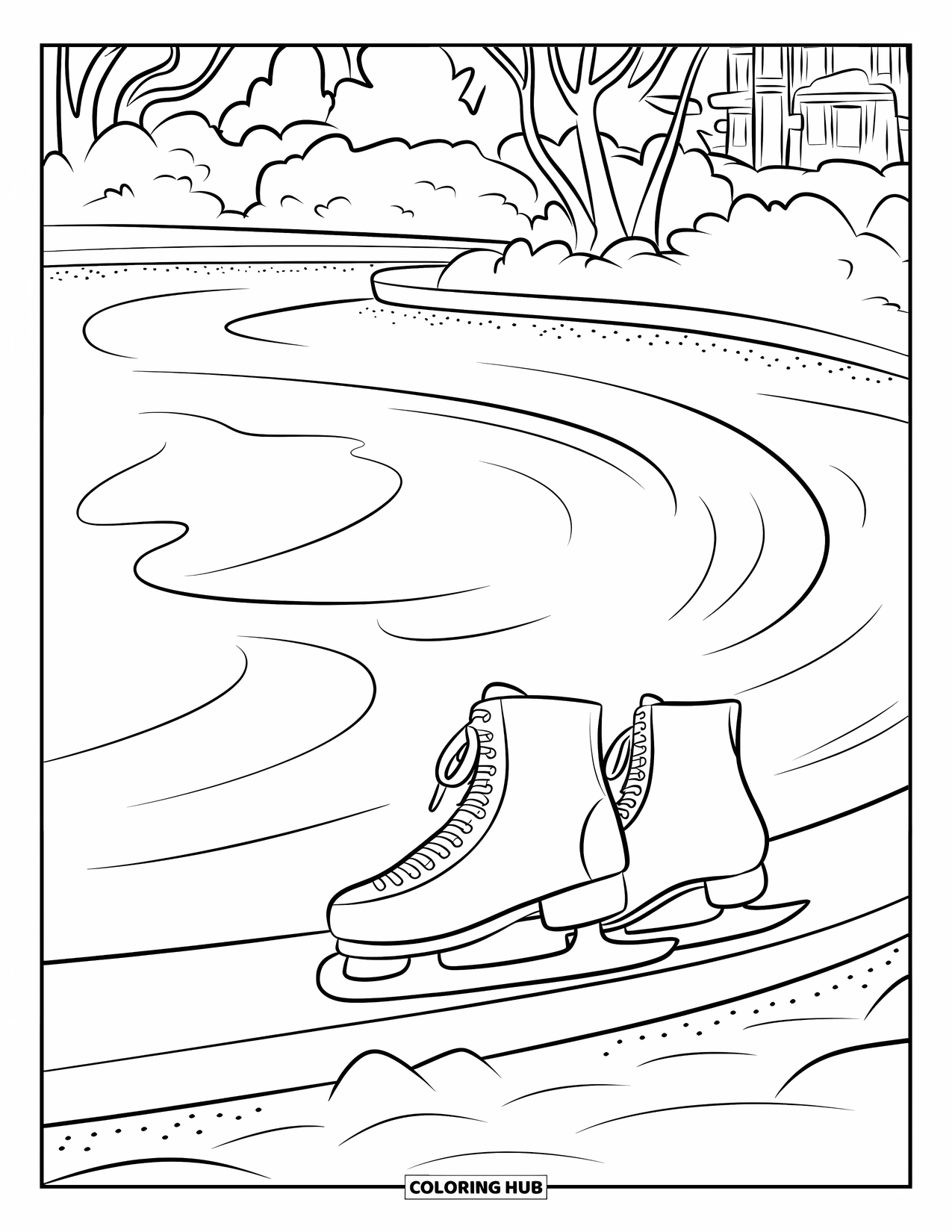 Winter Coloring Page for Kids: A frozen pond with gentle ripples, with a pair of boots standing at the edge, ready to skate