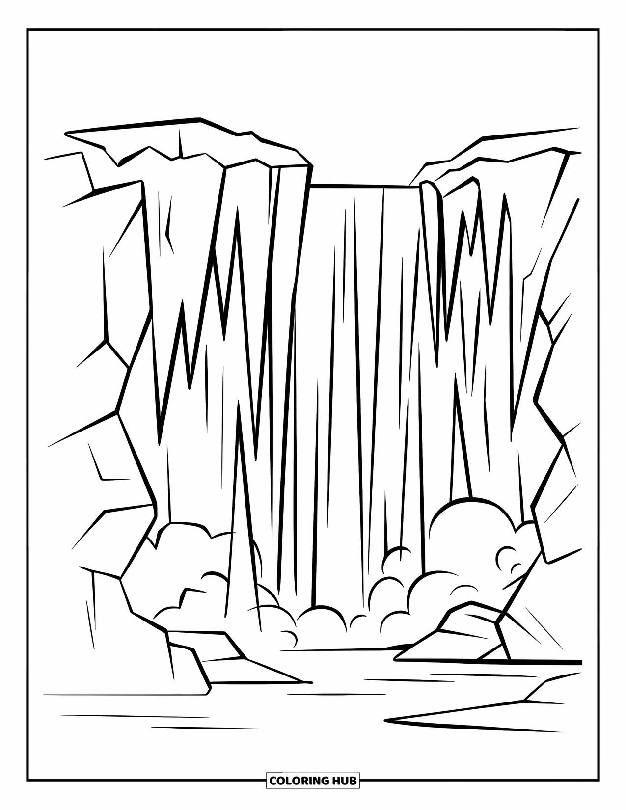 Winter Coloring Page for Kids: A frozen waterfall with jagged icicles hanging from the cliff, surrounded by mist and snowy trees